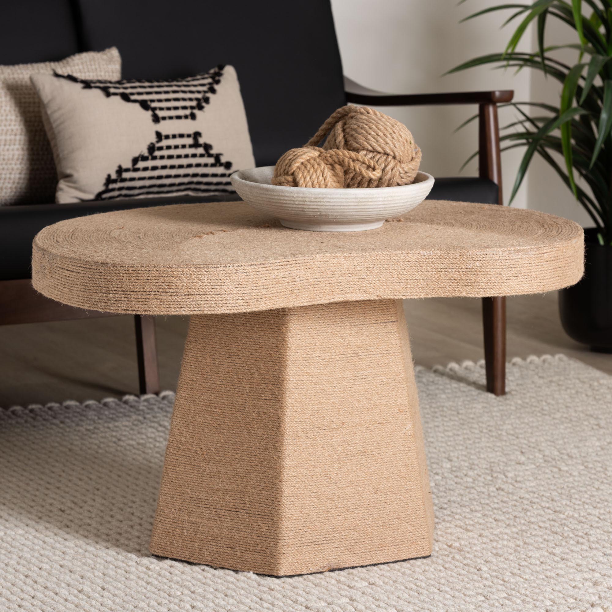 bali & pari Lenka Natural Jute Coffee Table - Textured Handwoven Cocktail Table with Sculptural Base and Irregular Top for Living Room or Lounge