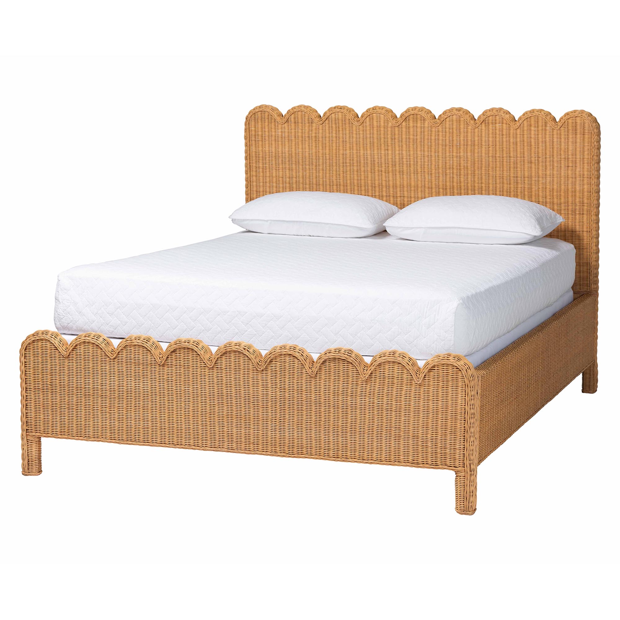 bali & pari Maritza Scalloped Natural Rattan Bed Frame - Handwoven Wicker Headboard and Footboard with Decorative Edge Detail, Boho Coastal Style for Bedroom, Queen