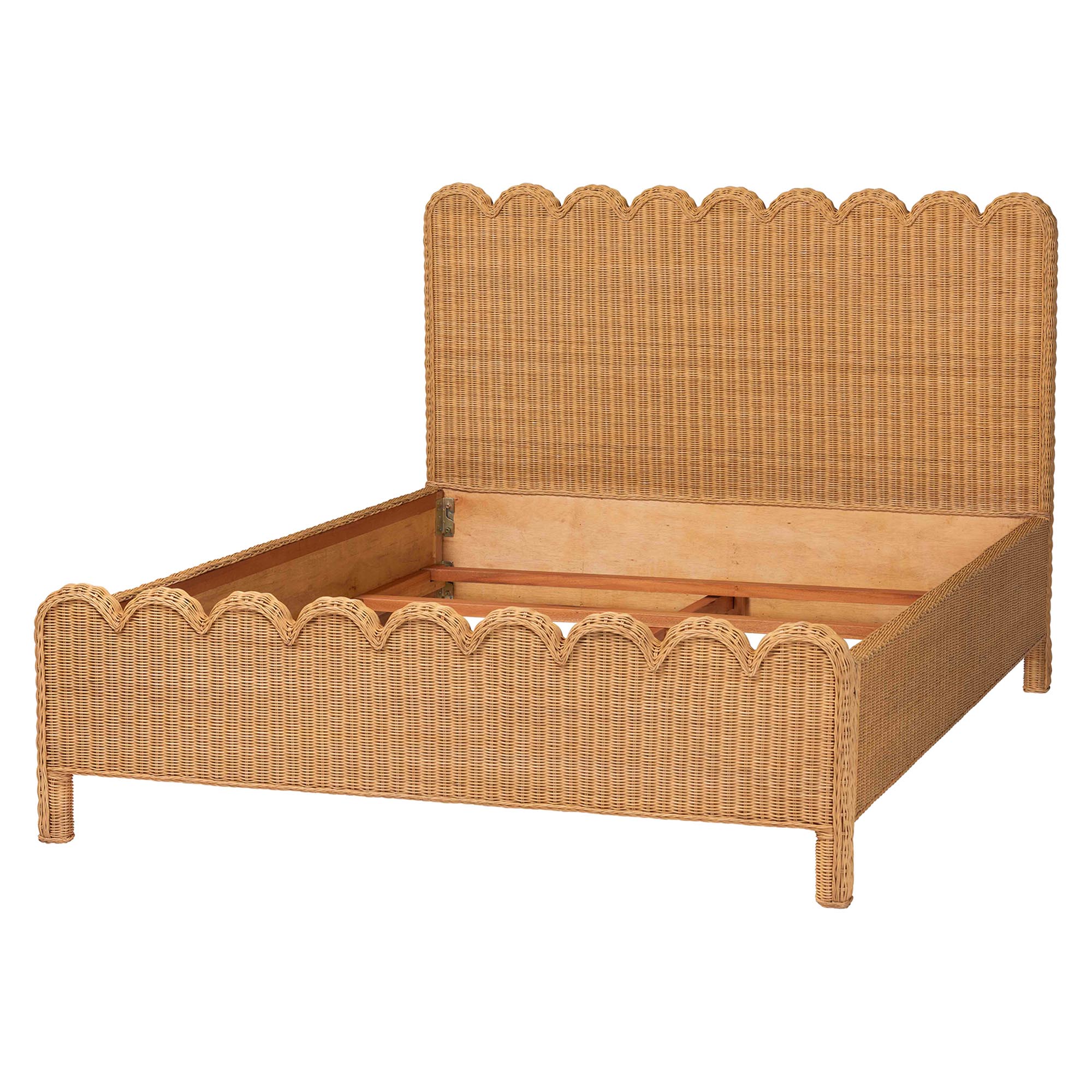 bali & pari Maritza Scalloped Natural Rattan Bed Frame - Handwoven Wicker Headboard and Footboard with Decorative Edge Detail, Boho Coastal Style for Bedroom, King