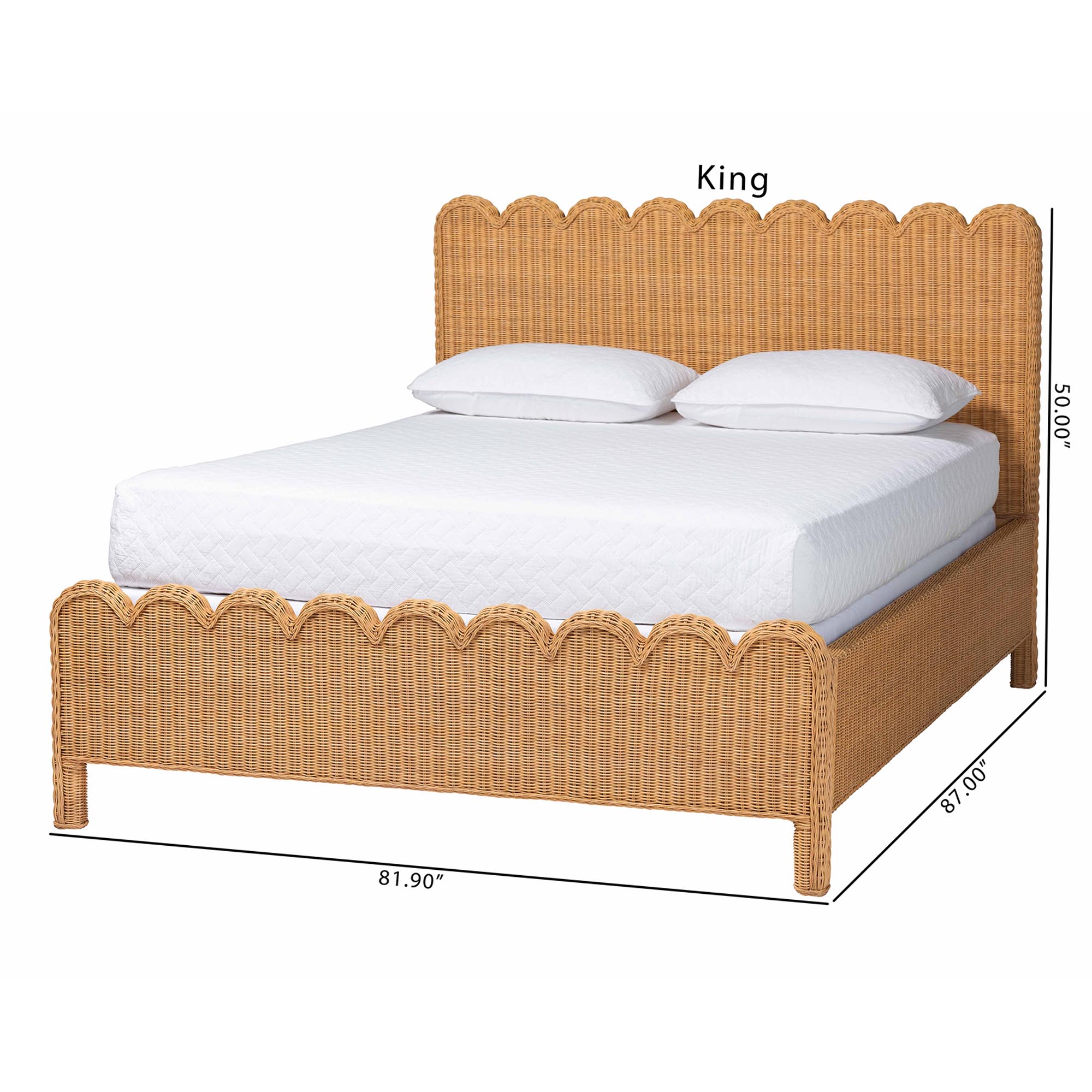 bali & pari Maritza Scalloped Natural Rattan Bed Frame - Handwoven Wicker Headboard and Footboard with Decorative Edge Detail, Boho Coastal Style for Bedroom, King