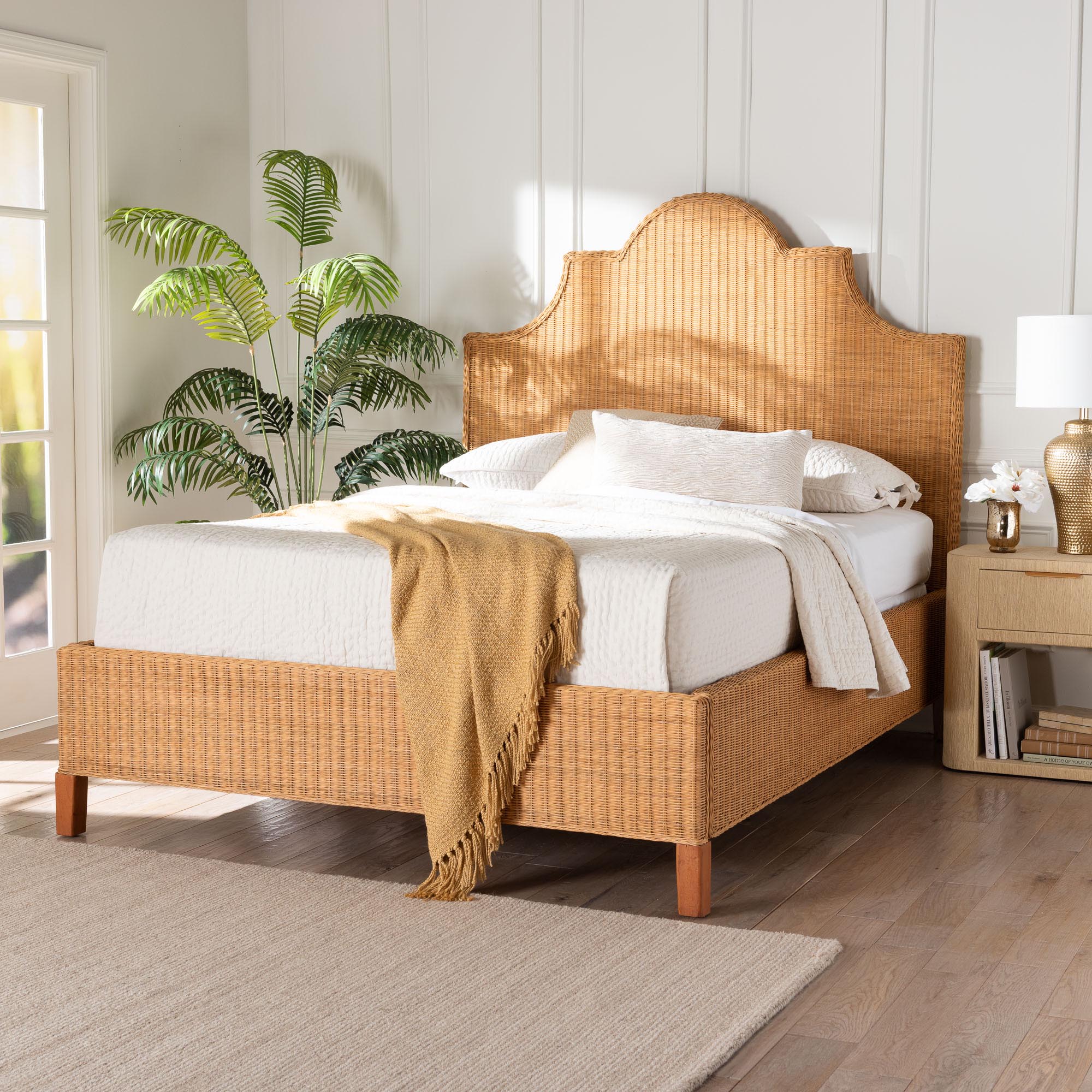 bali & pari Melanie Natural Rattan Bed - Coastal Boho Bed Frame with Scalloped Headboard, King