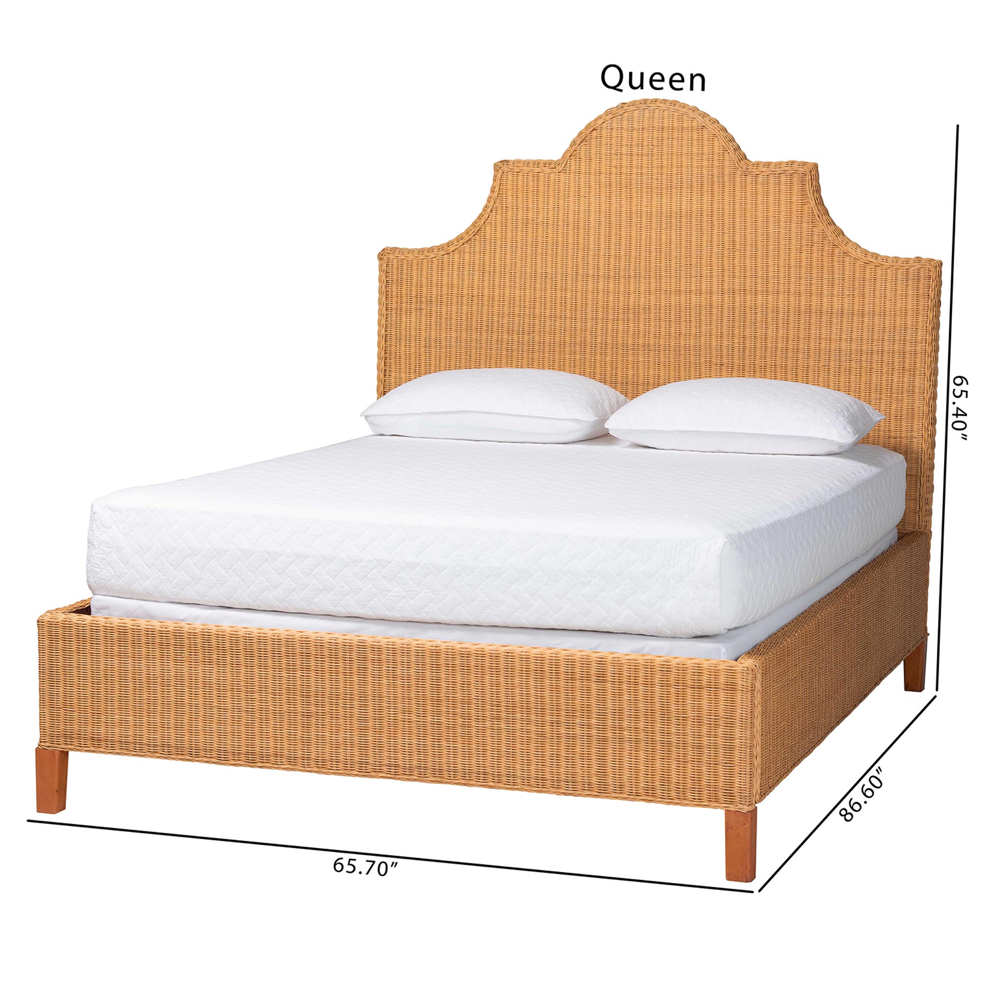 bali & pari Melanie Natural Rattan Bed - Coastal Boho Bed Frame with Scalloped Headboard, King