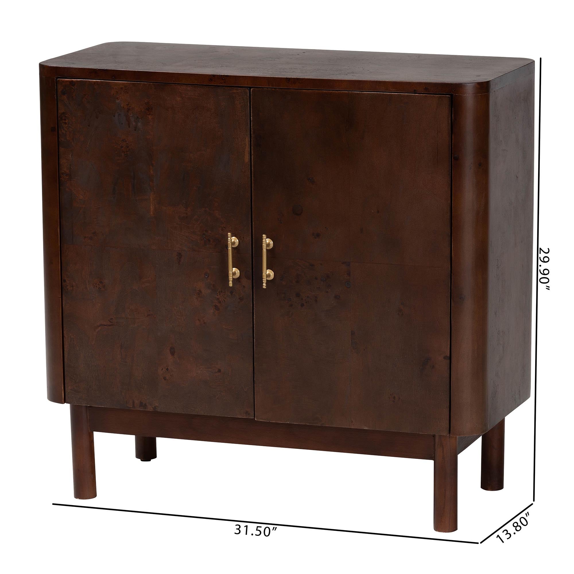 bali & pari Latika Real Burl Wood Storage Cabinet in Dark Walnut Brown - Modern Accent Cupboard with Double Doors and Brass Handles, Elegant Sideboard for Entryway, Living Room, or Dining Area