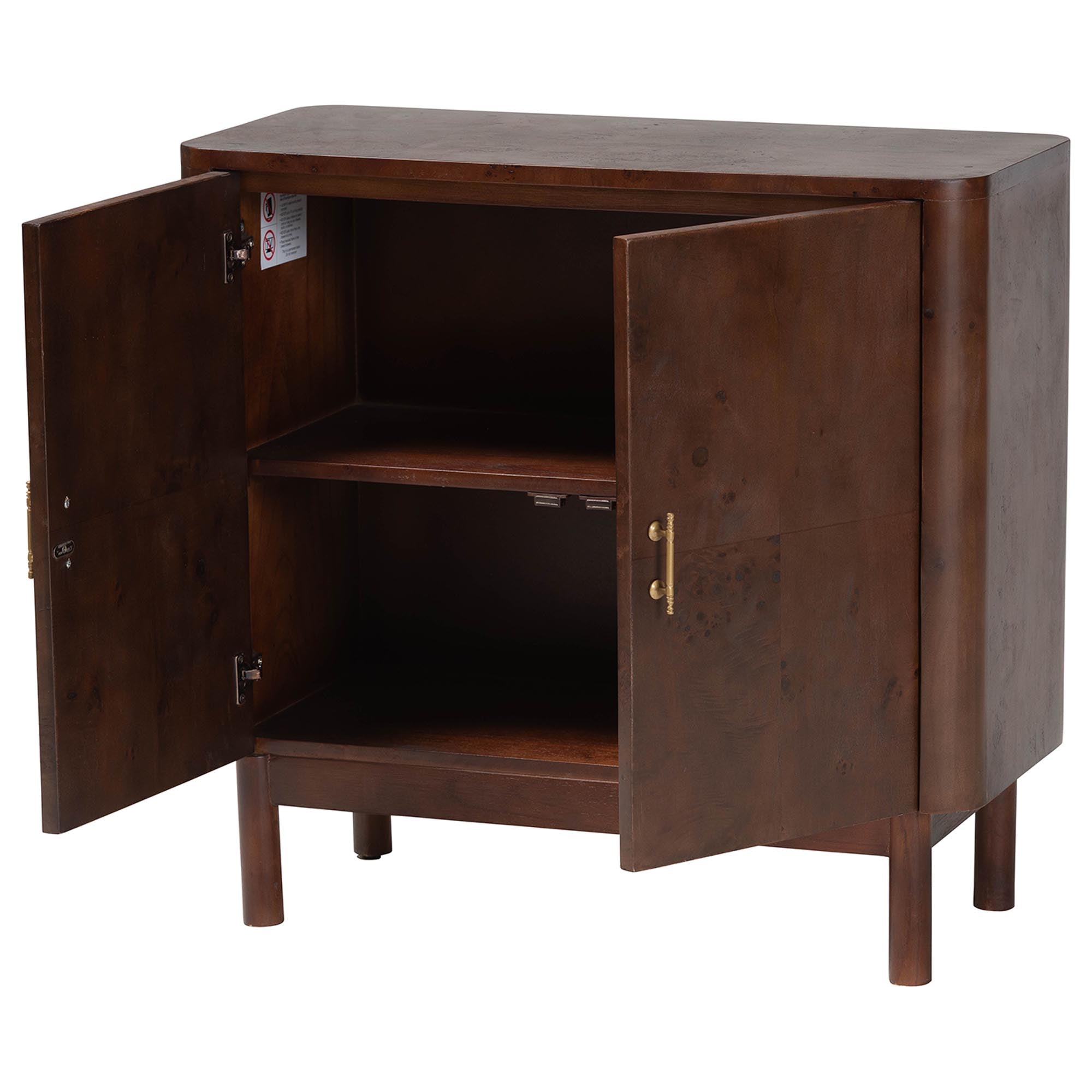 bali & pari Latika Real Burl Wood Storage Cabinet in Dark Walnut Brown - Modern Accent Cupboard with Double Doors and Brass Handles, Elegant Sideboard for Entryway, Living Room, or Dining Area