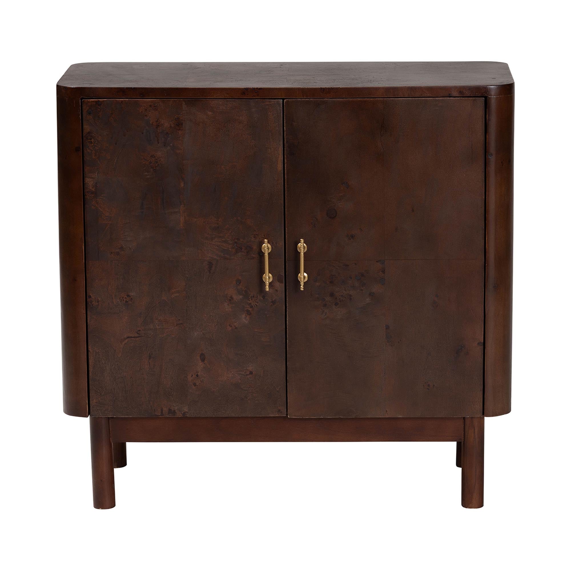 bali & pari Latika Real Burl Wood Storage Cabinet in Dark Walnut Brown - Modern Accent Cupboard with Double Doors and Brass Handles, Elegant Sideboard for Entryway, Living Room, or Dining Area