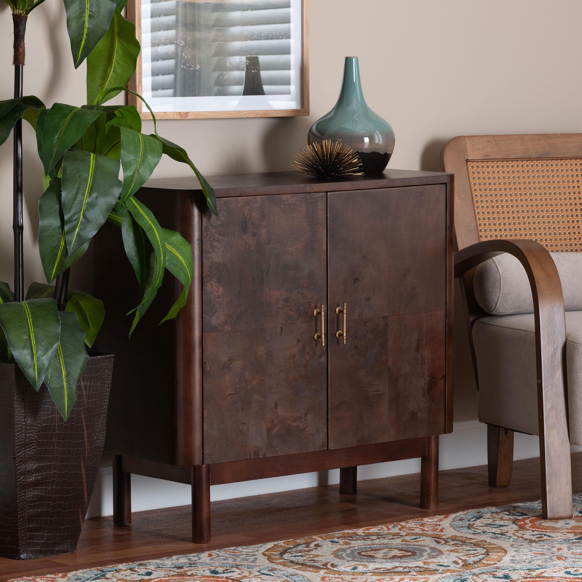 bali & pari Latika Real Burl Wood Storage Cabinet in Dark Walnut Brown - Modern Accent Cupboard with Double Doors and Brass Handles, Elegant Sideboard for Entryway, Living Room, or Dining Area
