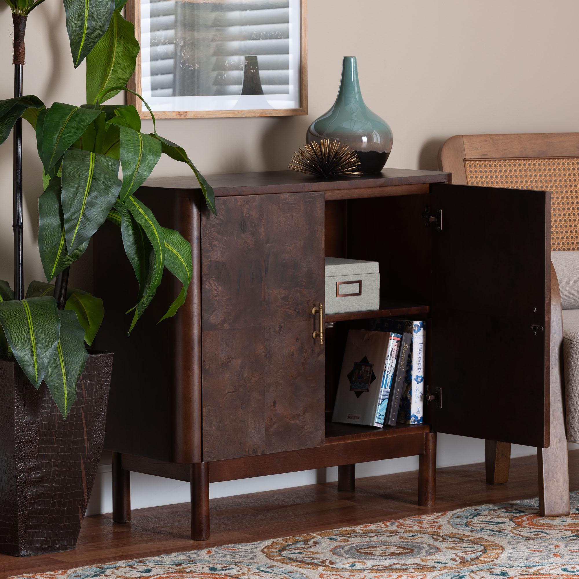 bali & pari Latika Real Burl Wood Storage Cabinet in Dark Walnut Brown - Modern Accent Cupboard with Double Doors and Brass Handles, Elegant Sideboard for Entryway, Living Room, or Dining Area