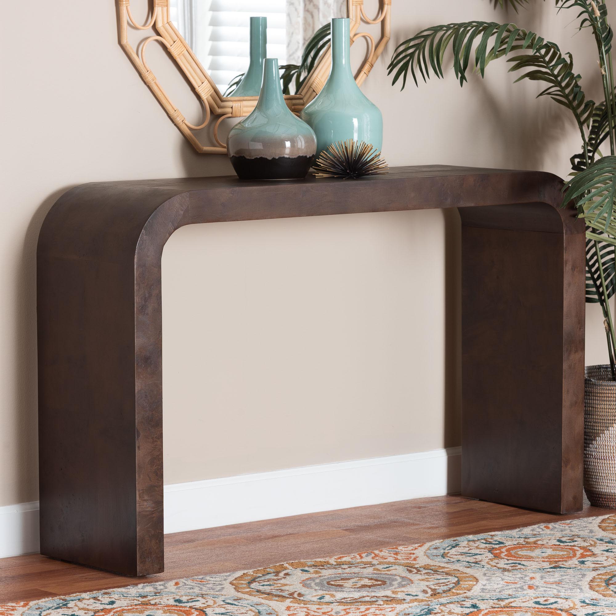 bali & pari Revelle Real Burl Wood Console Table in Dark Walnut Brown - Modern Entryway or Sofa Table with Waterfall Design and Minimalist Silhouette for Living Room or Hallway