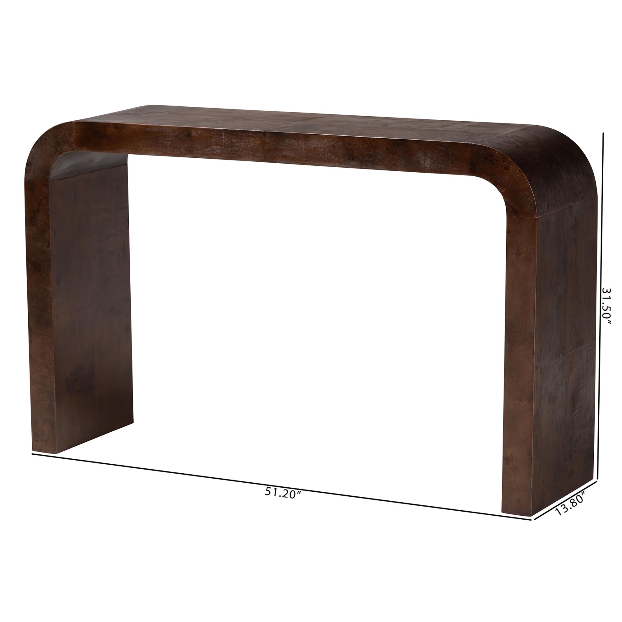 bali & pari Revelle Real Burl Wood Console Table in Dark Walnut Brown - Modern Entryway or Sofa Table with Waterfall Design and Minimalist Silhouette for Living Room or Hallway