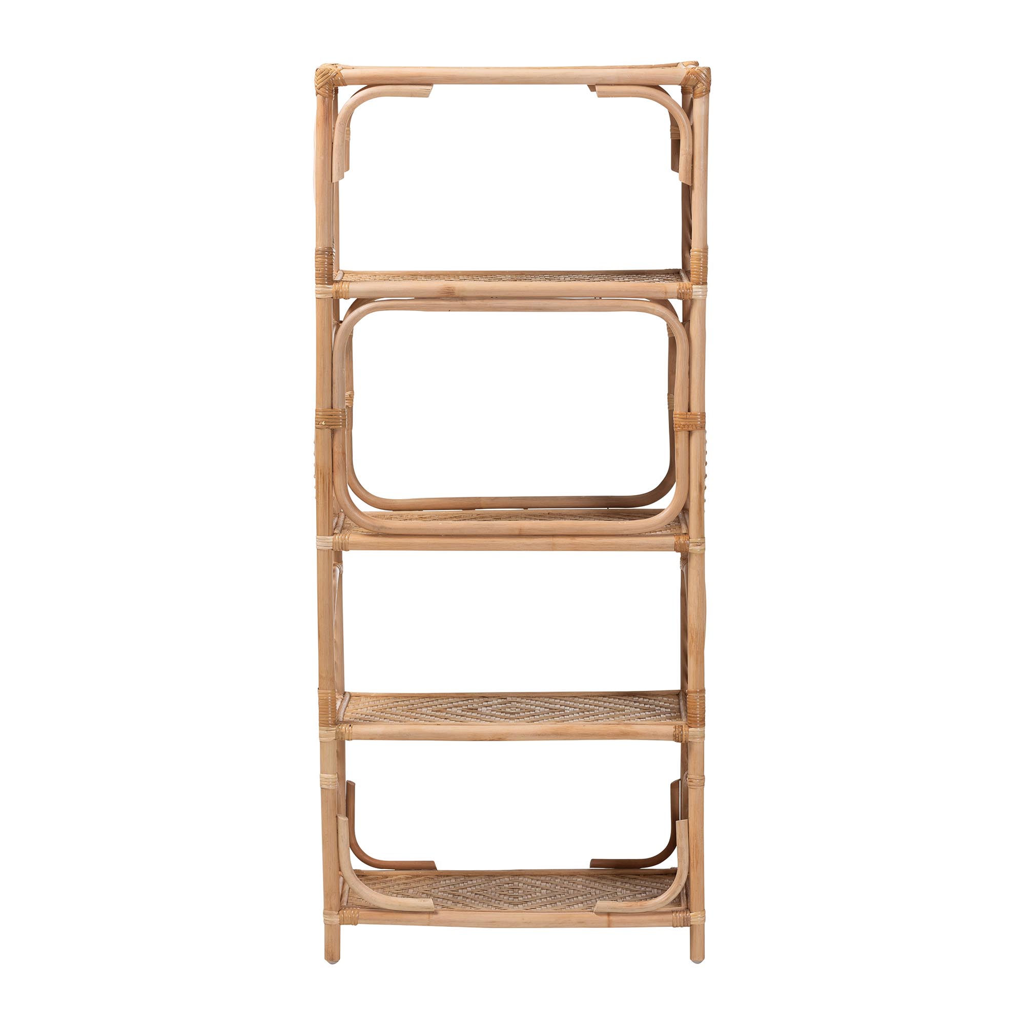 bali & pari Baara Natural Rattan 4-Tier Display Shelf - Handcrafted Bookcase with Openwork Side Panels, Boho Coastal Design for Living Room or Bedroom