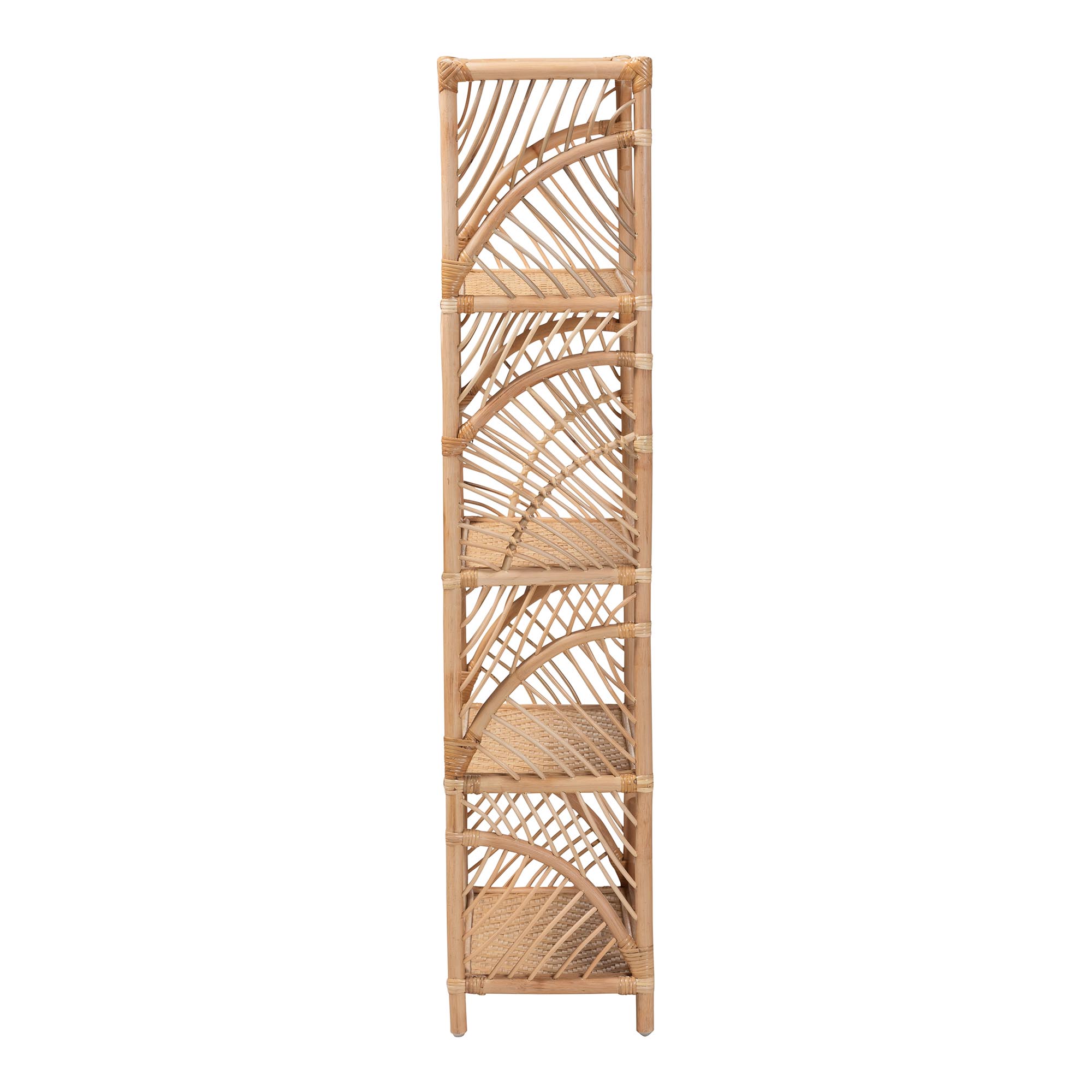 bali & pari Baara Natural Rattan 4-Tier Display Shelf - Handcrafted Bookcase with Openwork Side Panels, Boho Coastal Design for Living Room or Bedroom