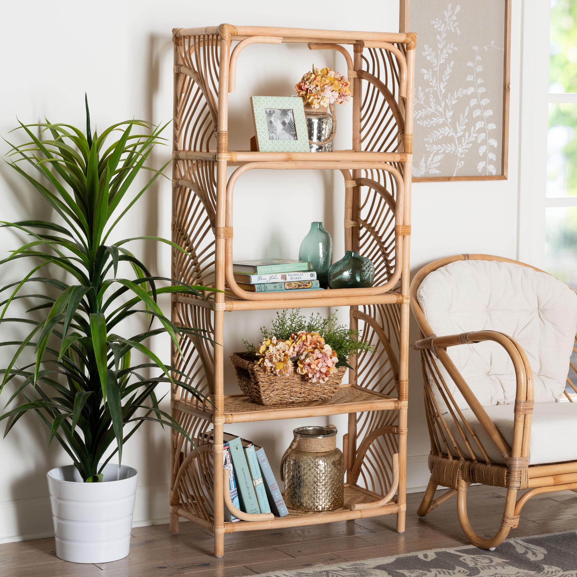 bali & pari Baara Natural Rattan 4-Tier Display Shelf - Handcrafted Bookcase with Openwork Side Panels, Boho Coastal Design for Living Room or Bedroom