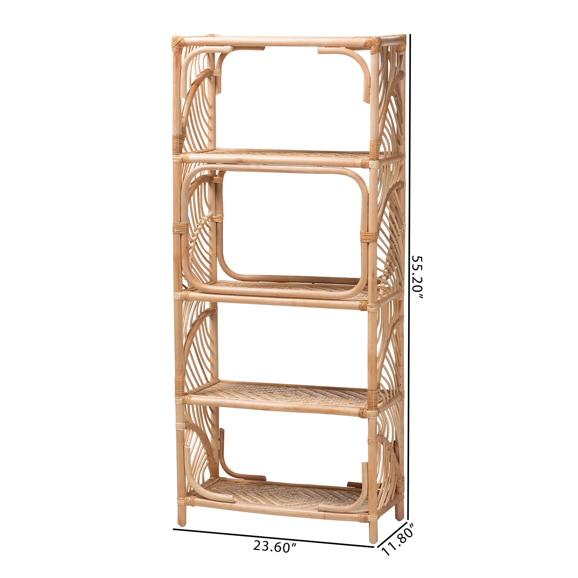 bali & pari Baara Natural Rattan 4-Tier Display Shelf - Handcrafted Bookcase with Openwork Side Panels, Boho Coastal Design for Living Room or Bedroom
