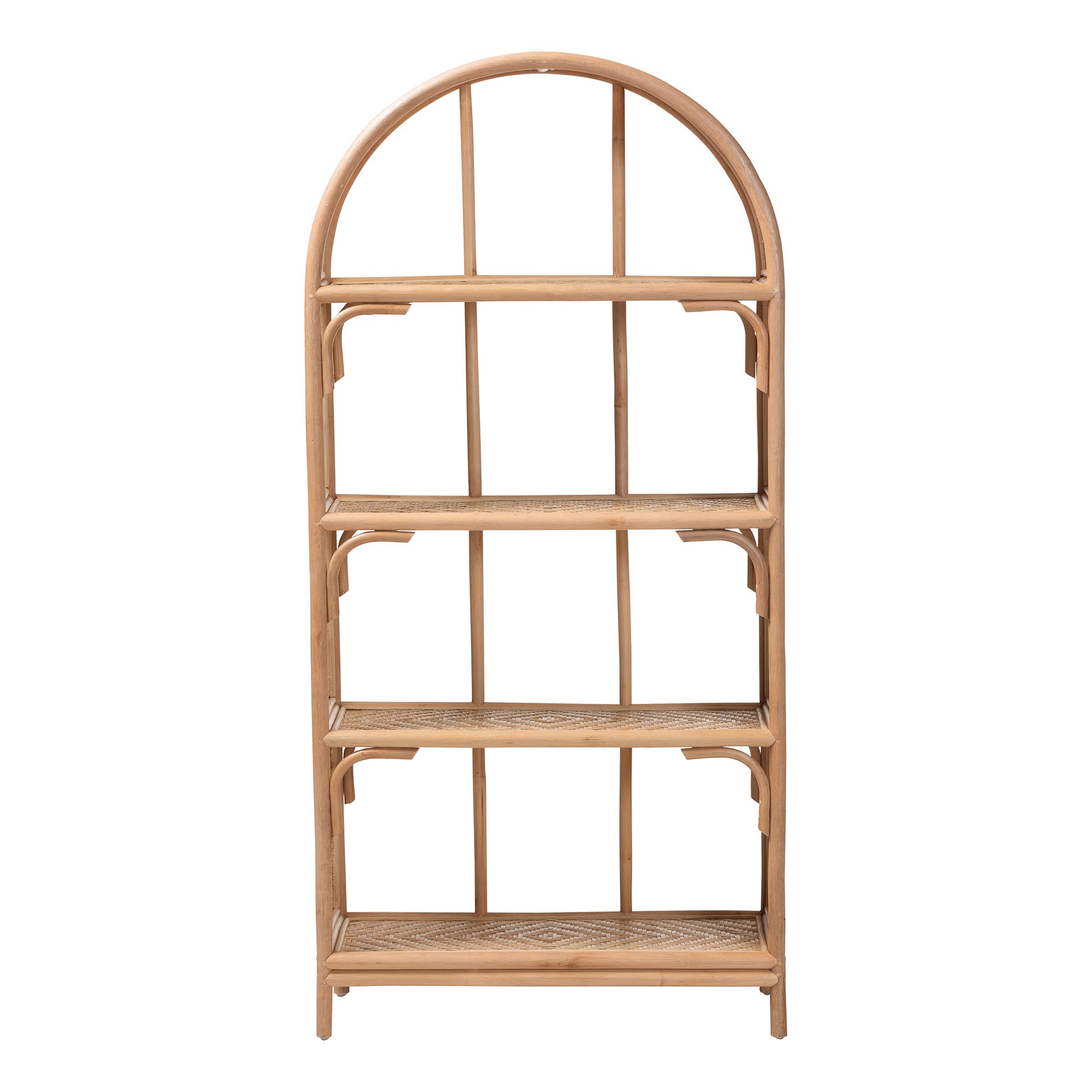 bali & pari Natania Natural Rattan 4-Tier Display Shelf - Handwoven Arched Bookcase with Webbed Side Panels, Boho Coastal Design for Living Room, Entryway, or Bedroom