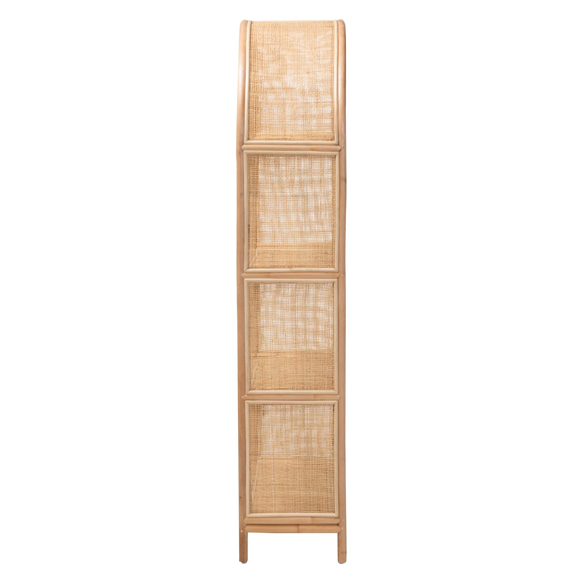 bali & pari Natania Natural Rattan 4-Tier Display Shelf - Handwoven Arched Bookcase with Webbed Side Panels, Boho Coastal Design for Living Room, Entryway, or Bedroom