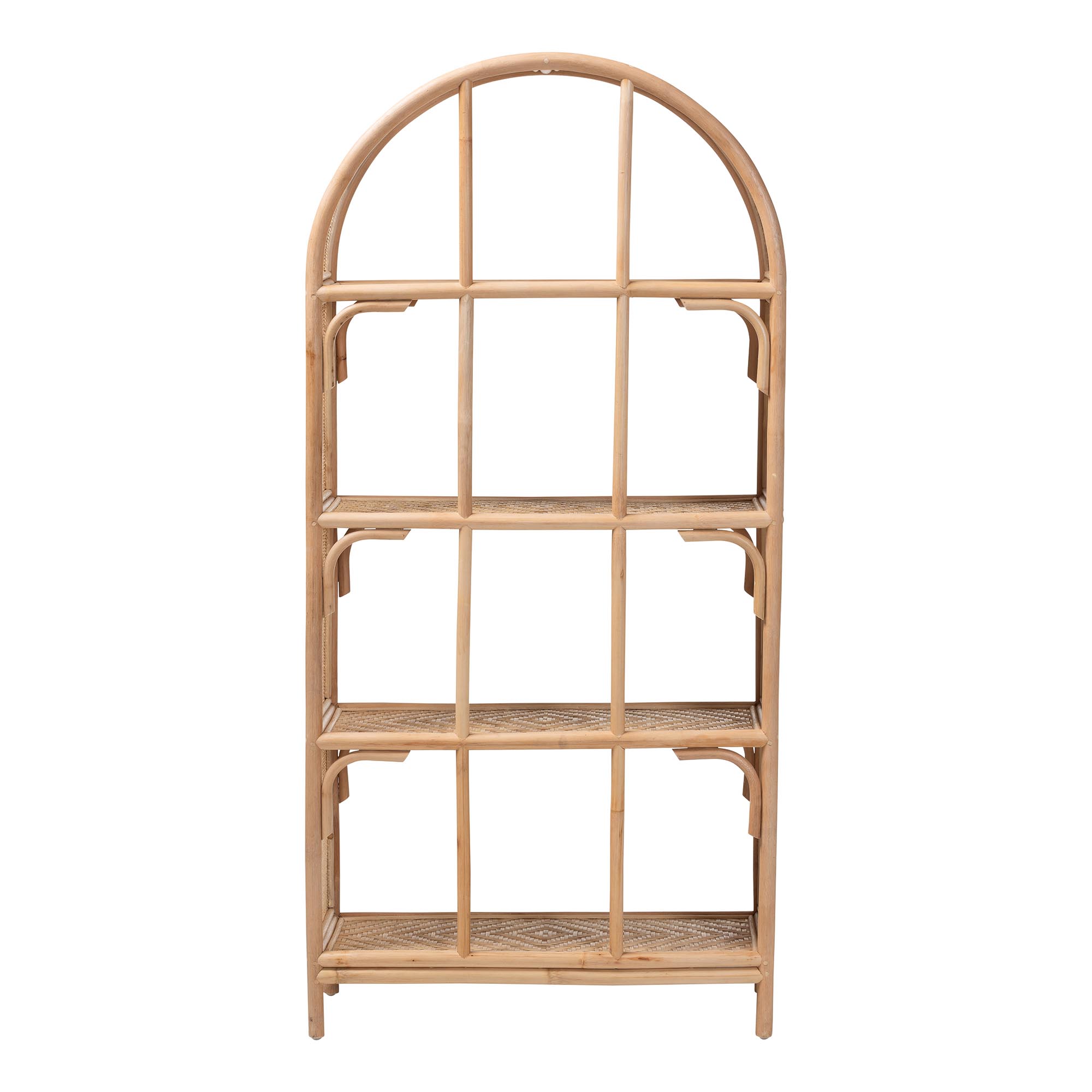 bali & pari Natania Natural Rattan 4-Tier Display Shelf - Handwoven Arched Bookcase with Webbed Side Panels, Boho Coastal Design for Living Room, Entryway, or Bedroom