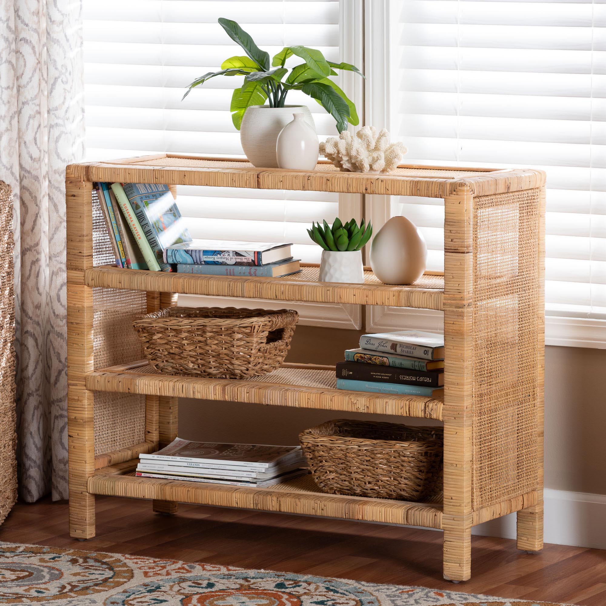 bali & pari Abelia Natural Rattan 4-Tier Display Shelf - Handwoven Boho Coastal Bookcase or Entryway Storage, Lightweight Wicker Accent Furniture