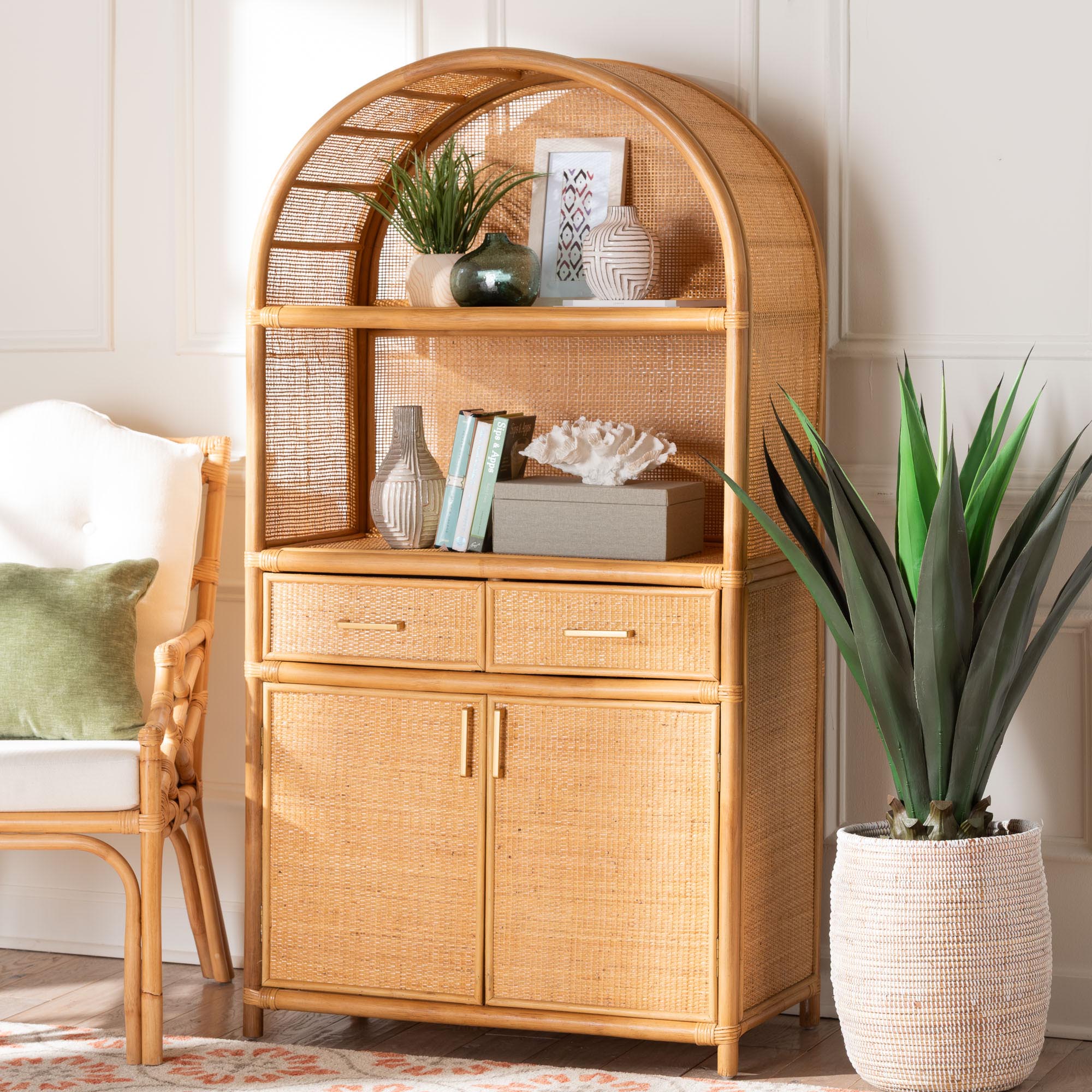 bali & pari Mairen Arched Natural Rattan Storage Cabinet -  Handwoven Pole Rattan Hutch with Two Drawers and Doors, Boho Coastal Display Cabinet for Dining Room or Living Space