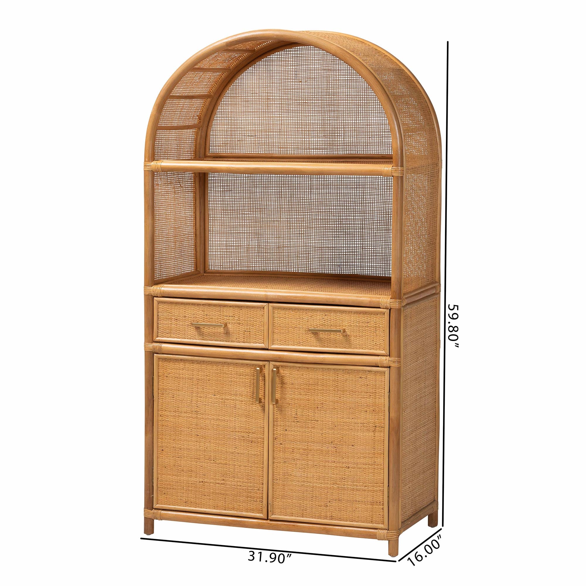 bali & pari Mairen Arched Natural Rattan Storage Cabinet -  Handwoven Pole Rattan Hutch with Two Drawers and Doors, Boho Coastal Display Cabinet for Dining Room or Living Space