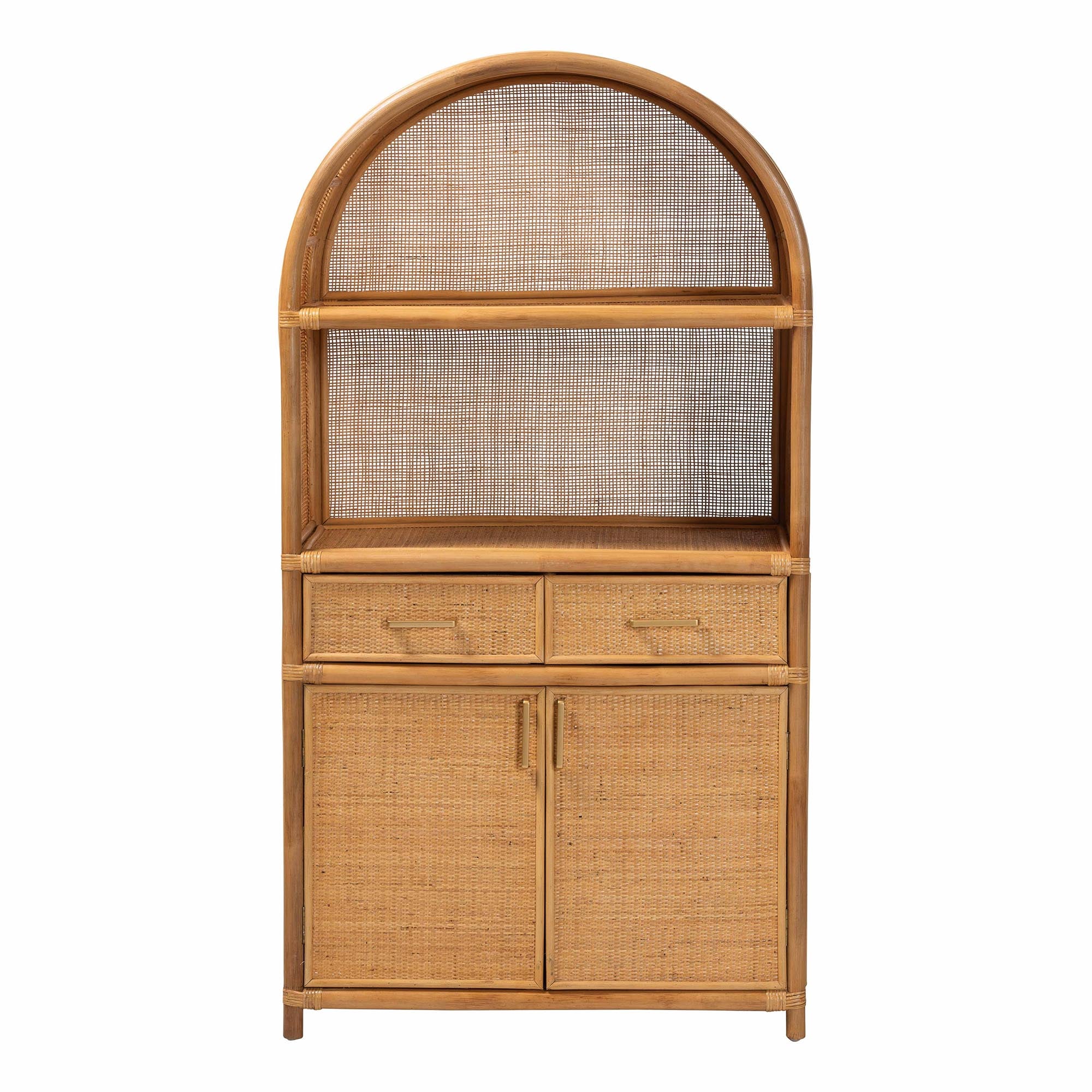 bali & pari Mairen Arched Natural Rattan Storage Cabinet -  Handwoven Pole Rattan Hutch with Two Drawers and Doors, Boho Coastal Display Cabinet for Dining Room or Living Space