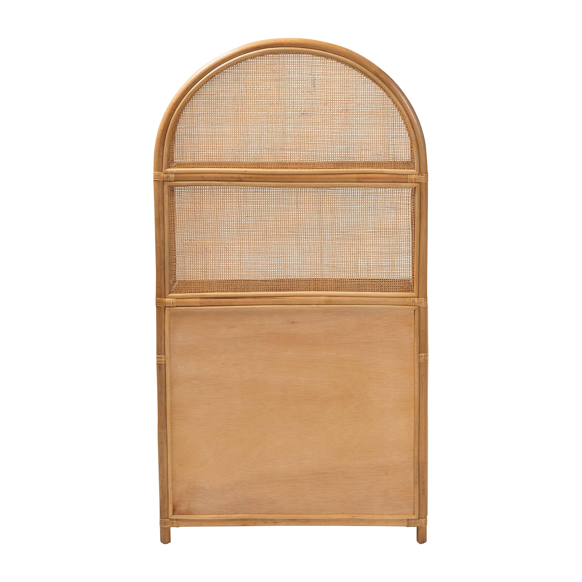 bali & pari Mairen Arched Natural Rattan Storage Cabinet -  Handwoven Pole Rattan Hutch with Two Drawers and Doors, Boho Coastal Display Cabinet for Dining Room or Living Space