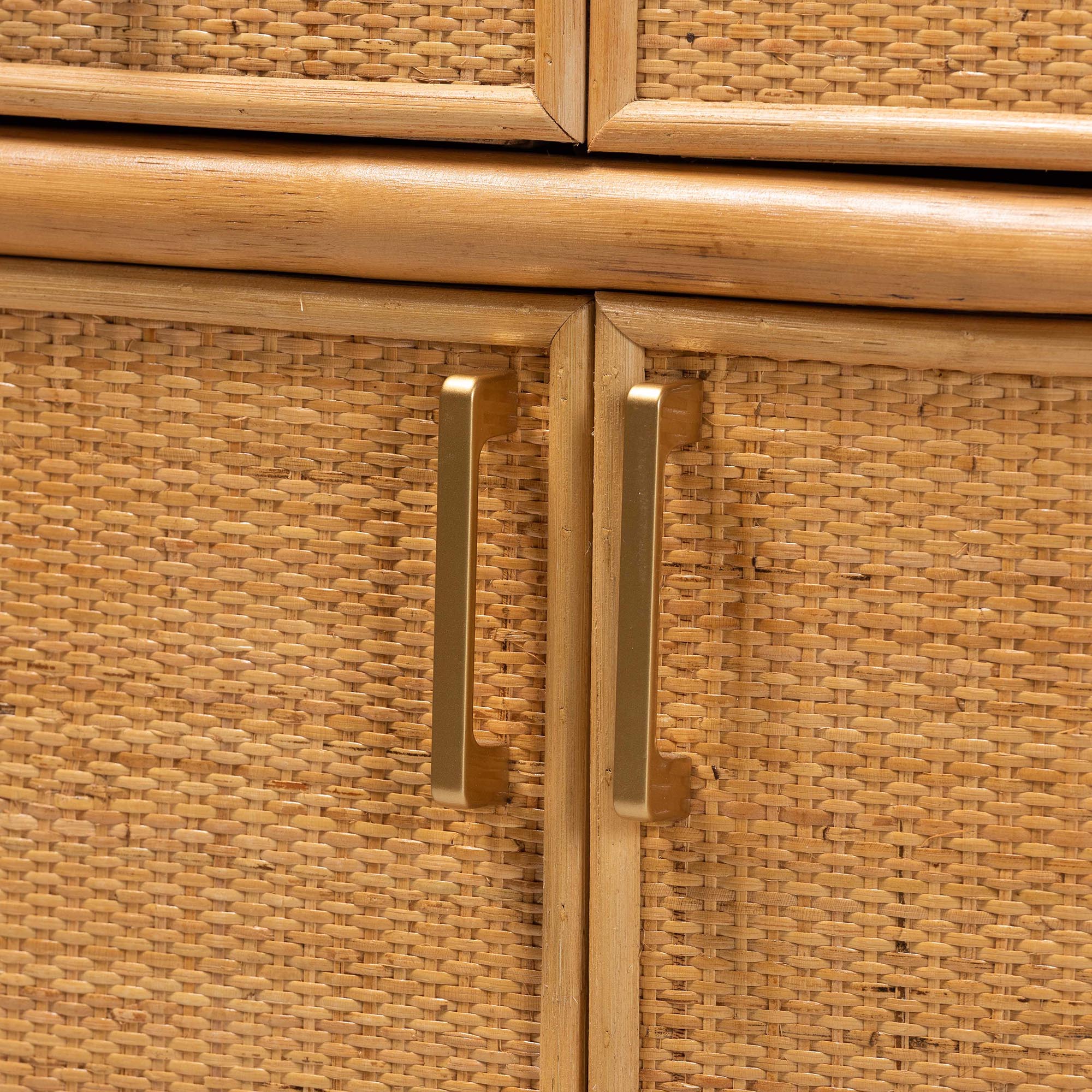 bali & pari Mairen Arched Natural Rattan Storage Cabinet -  Handwoven Pole Rattan Hutch with Two Drawers and Doors, Boho Coastal Display Cabinet for Dining Room or Living Space