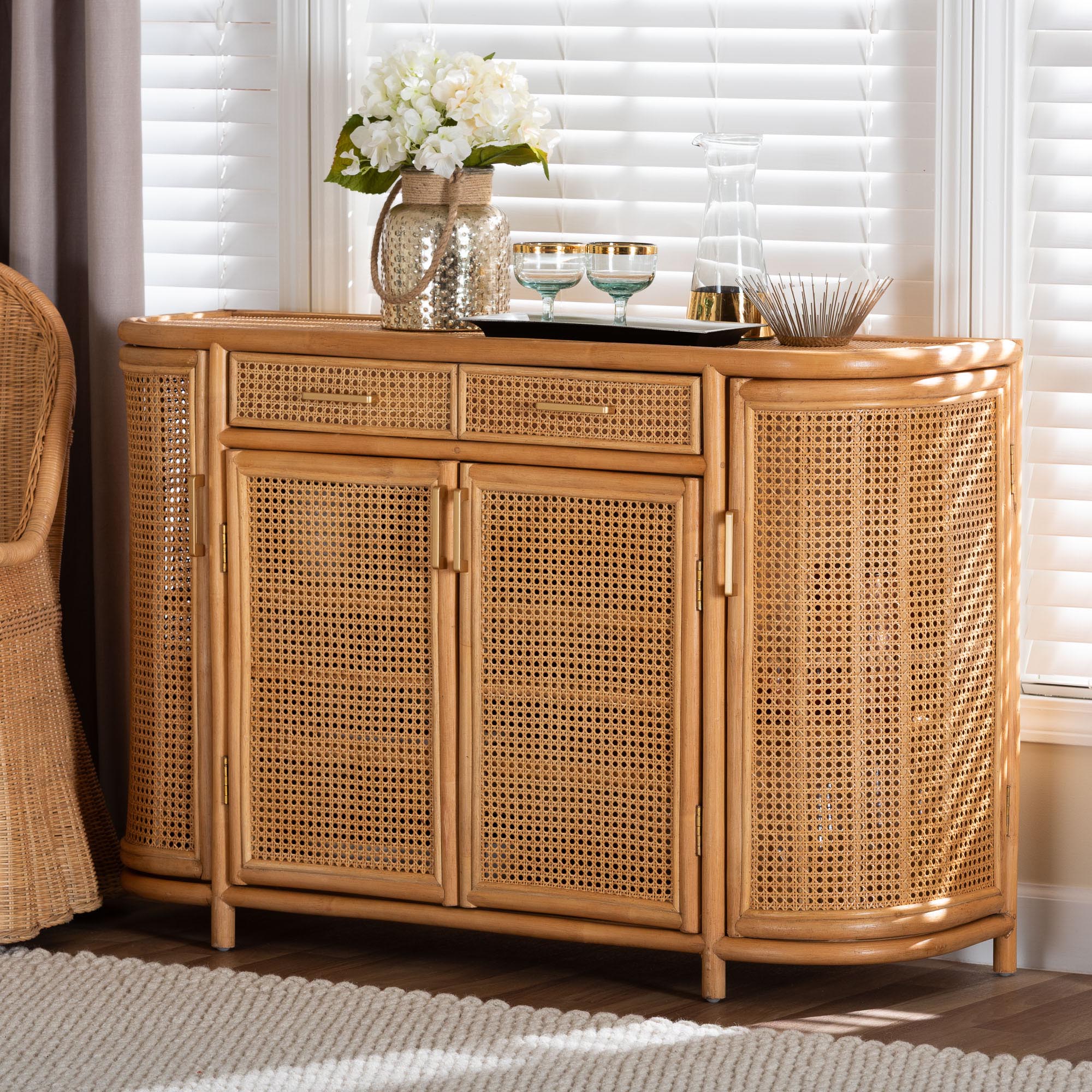 bali & pari McKenna Natural Rattan Sideboard - Handwoven Wicker Buffet Credenza, Boho Coastal Style for Dining or Living Room, 2-Drawer