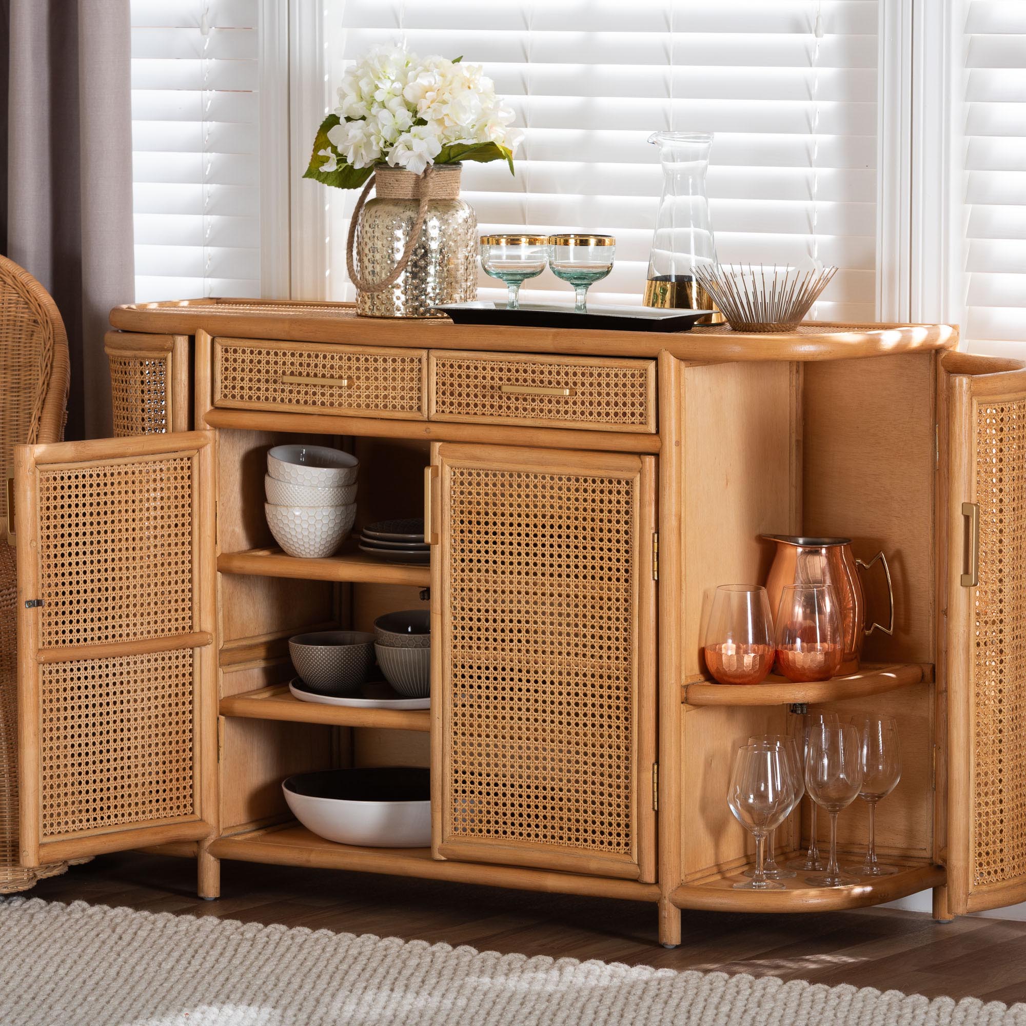 bali & pari McKenna Natural Rattan Sideboard - Handwoven Wicker Buffet Credenza, Boho Coastal Style for Dining or Living Room, 2-Drawer