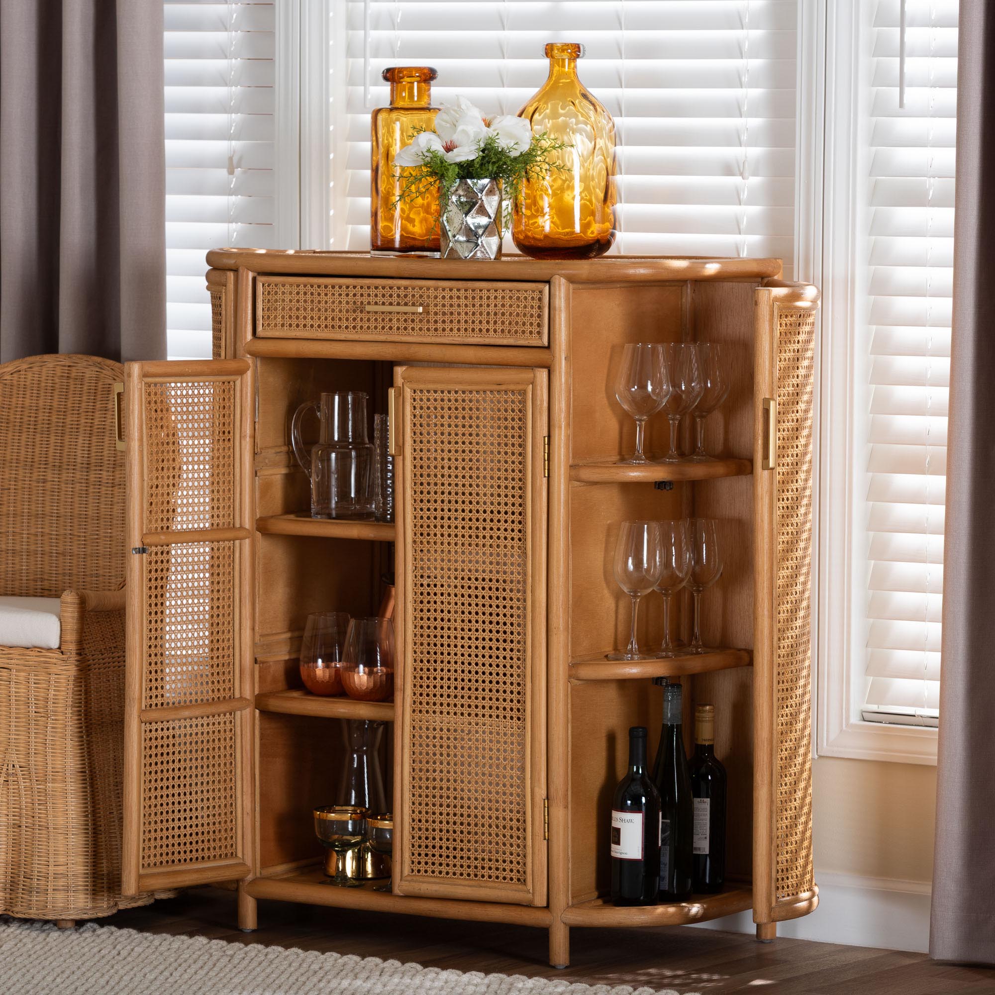 bali & pari McKenna Natural Rattan Storage Cabinet - Handwoven Wicker Accent Cabinet, Boho Coastal Style for Living Room or Entryway, 1-Drawer