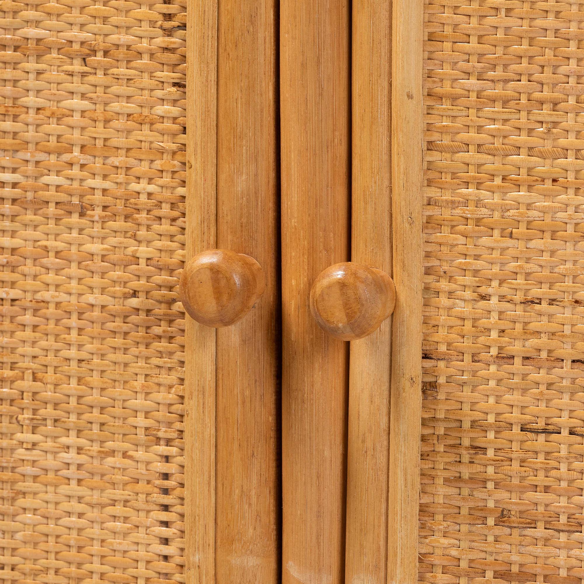 bali & pari Noreen Peacock Fan Natural Rattan Cabinet - Handcrafted Rattan Pole Hutch with Woven Doors and Shelves, Boho Coastal Accent Shelving and Display Unit