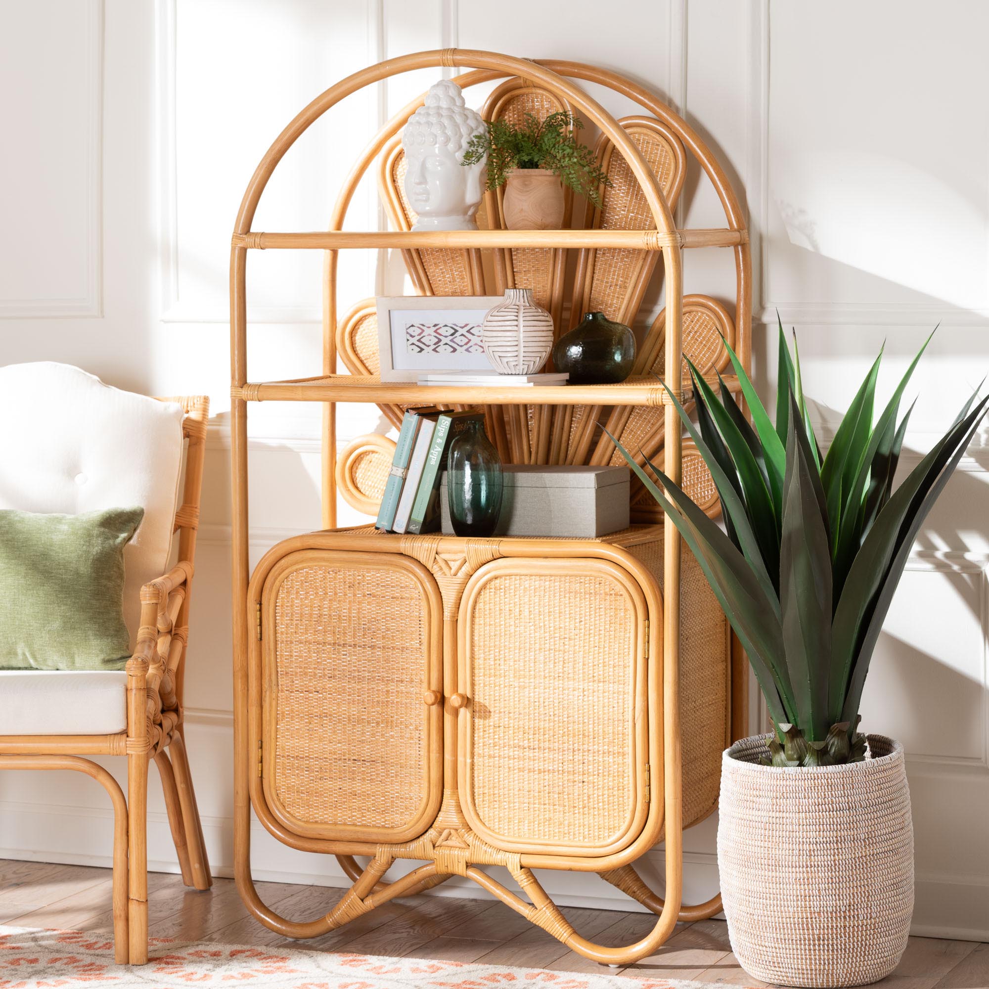 bali & pari Noreen Peacock Fan Natural Rattan Cabinet - Handcrafted Rattan Pole Hutch with Woven Doors and Shelves, Boho Coastal Accent Shelving and Display Unit