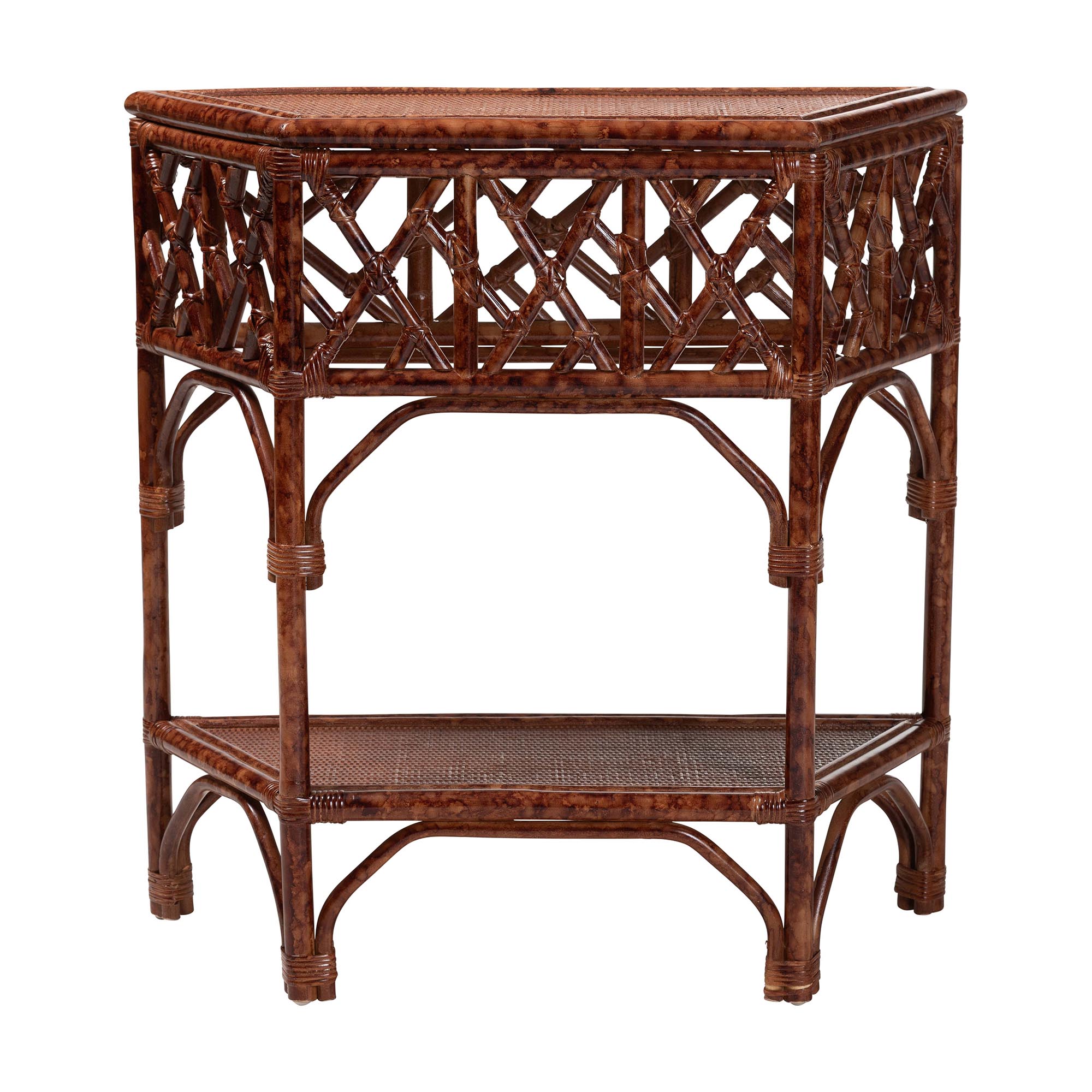 bali & pari Gaspar Marbled Tortoise Natural Rattan Console Table - Handcrafted Accent Table with Chippendale Design, Coastal Tropical Style for Entryway, Hallway, or Living Room