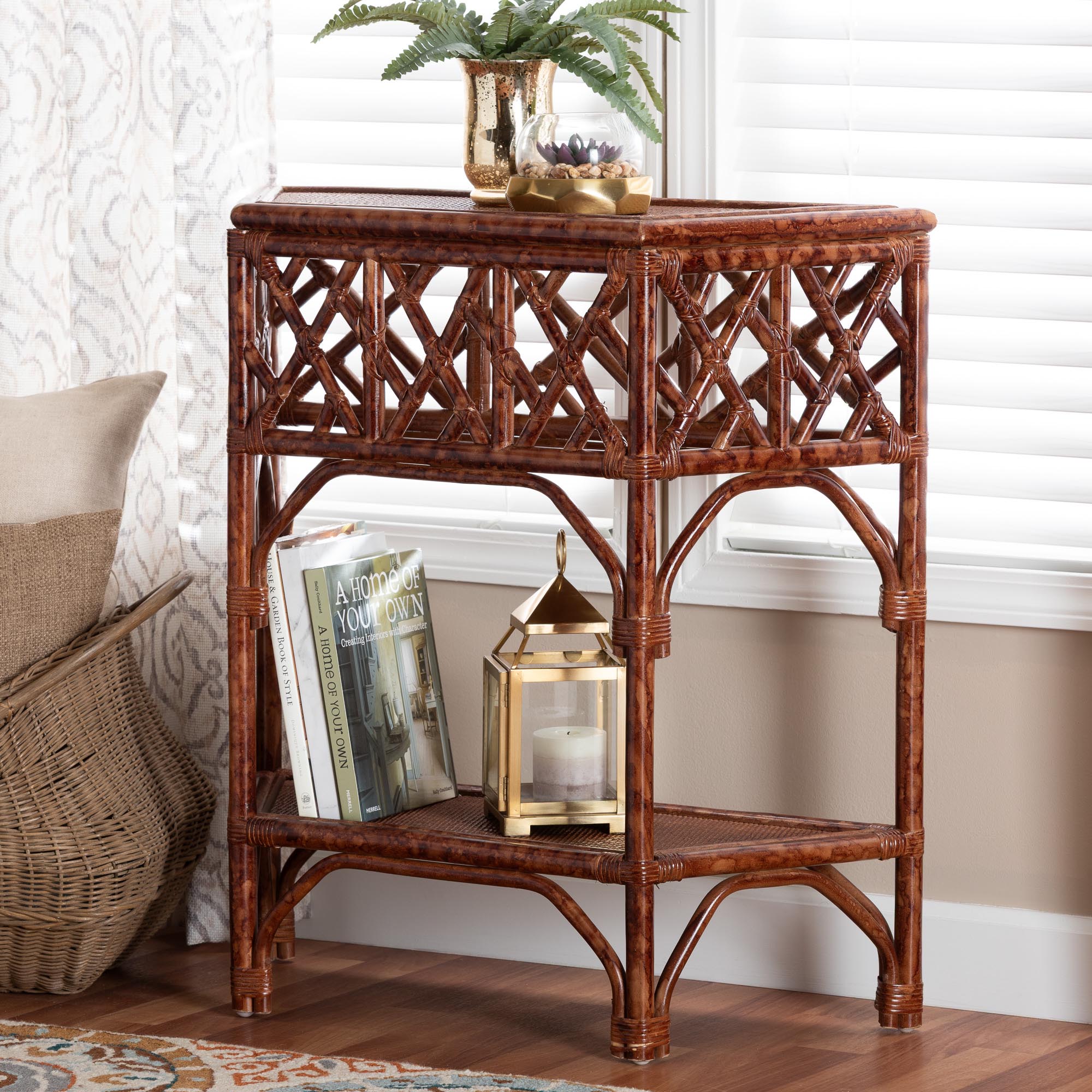 bali & pari Gaspar Marbled Tortoise Natural Rattan Console Table - Handcrafted Accent Table with Chippendale Design, Coastal Tropical Style for Entryway, Hallway, or Living Room