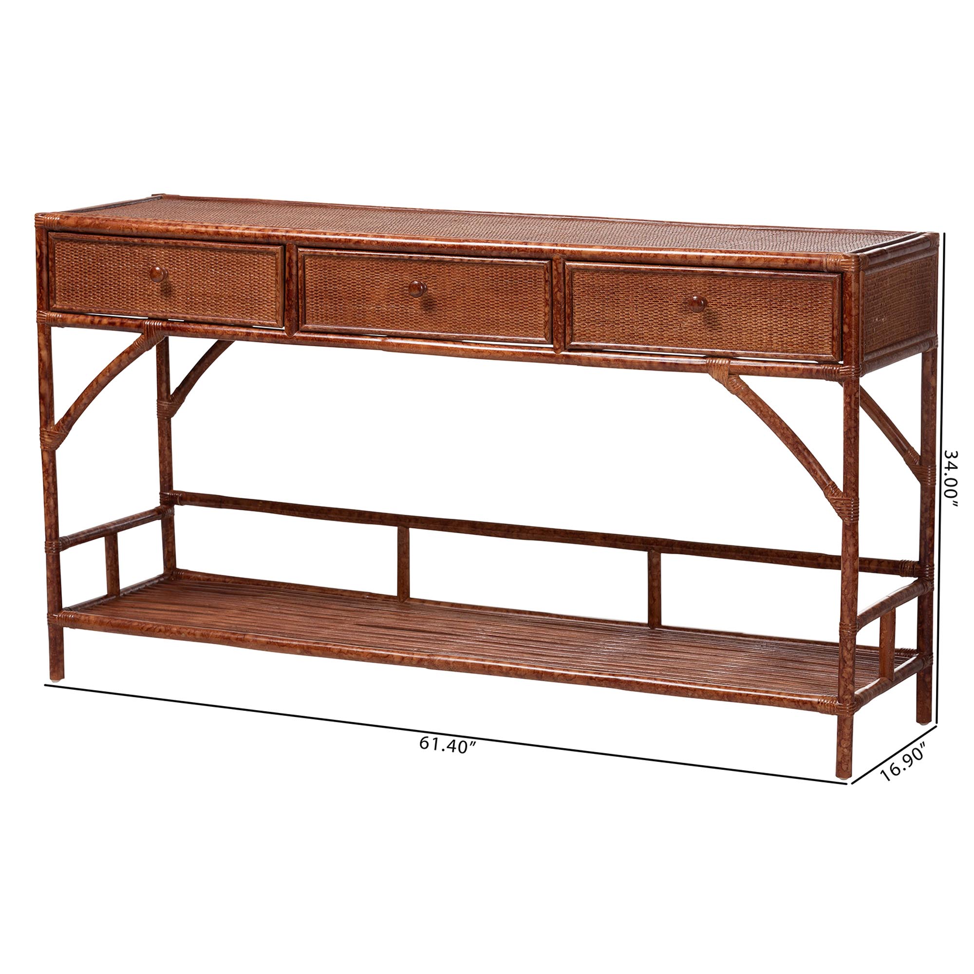 bali & pari Brier Marbled Tortoise Natural Rattan Console Table - Handcrafted Accent Table with 3-Drawers and Lower Shelf, Coastal Boho Style for Entryway, Hallway, or Living Room
