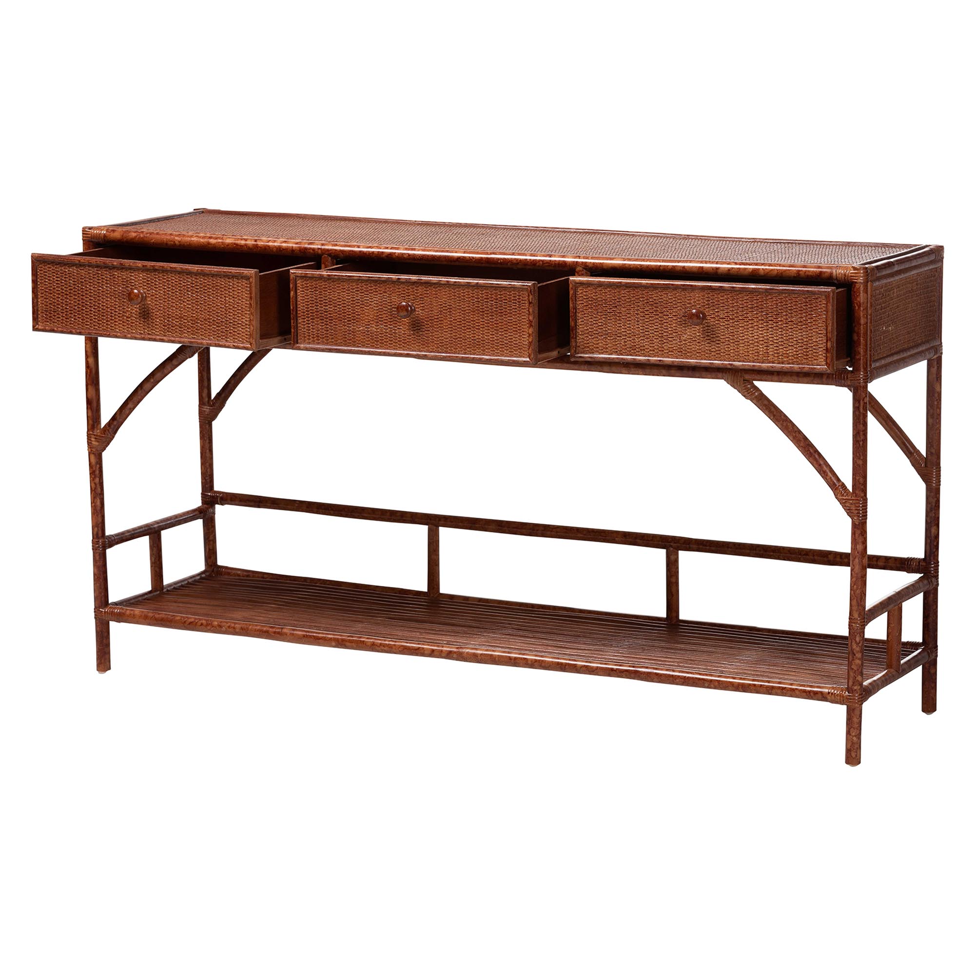 bali & pari Brier Marbled Tortoise Natural Rattan Console Table - Handcrafted Accent Table with 3-Drawers and Lower Shelf, Coastal Boho Style for Entryway, Hallway, or Living Room
