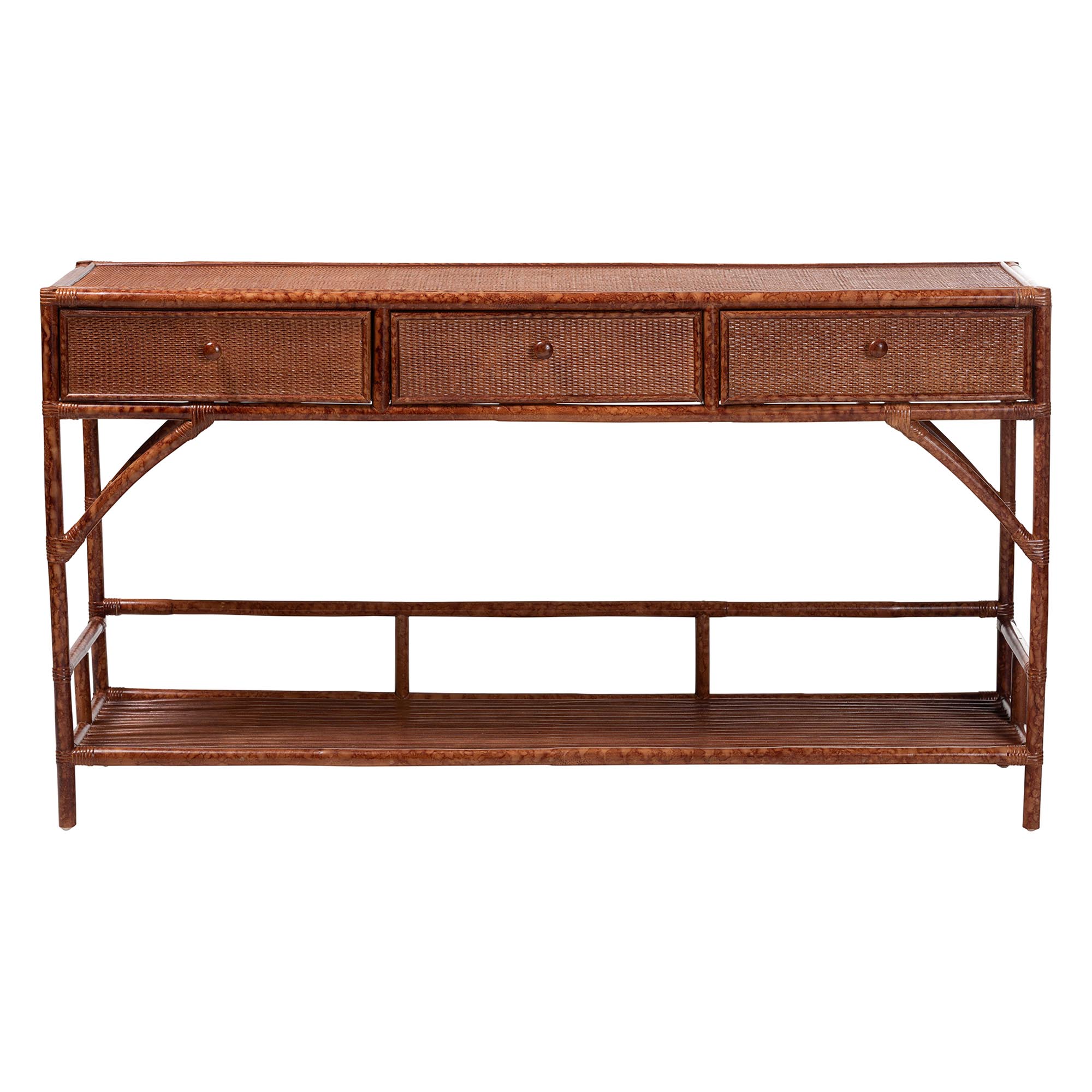 bali & pari Brier Marbled Tortoise Natural Rattan Console Table - Handcrafted Accent Table with 3-Drawers and Lower Shelf, Coastal Boho Style for Entryway, Hallway, or Living Room