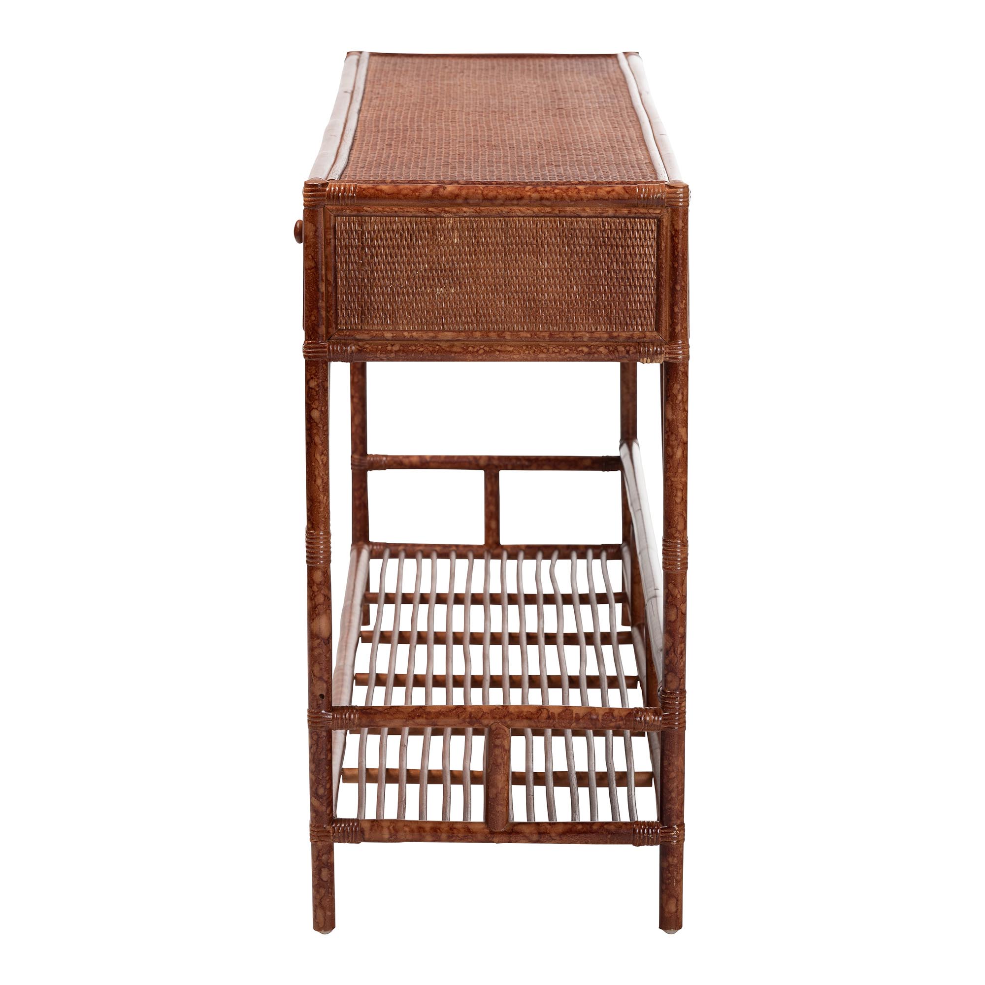 bali & pari Brier Marbled Tortoise Natural Rattan Console Table - Handcrafted Accent Table with 3-Drawers and Lower Shelf, Coastal Boho Style for Entryway, Hallway, or Living Room