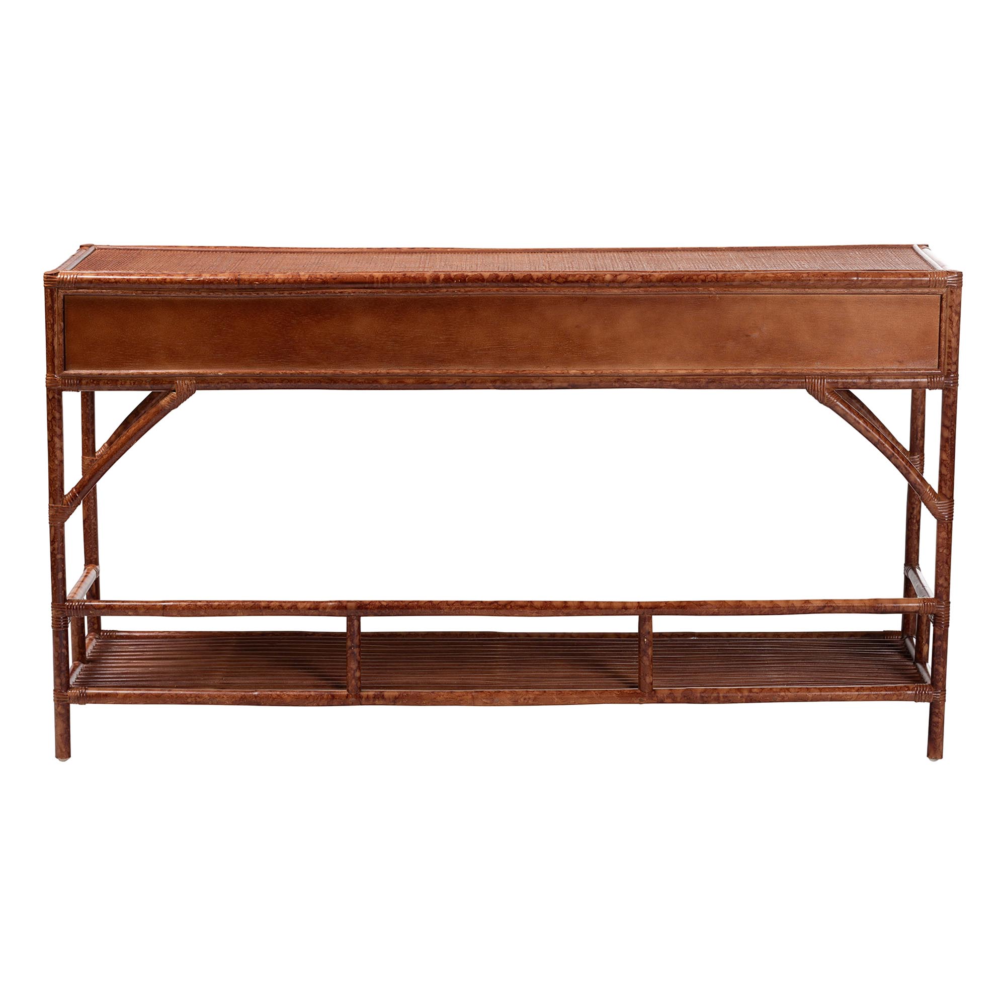 bali & pari Brier Marbled Tortoise Natural Rattan Console Table - Handcrafted Accent Table with 3-Drawers and Lower Shelf, Coastal Boho Style for Entryway, Hallway, or Living Room