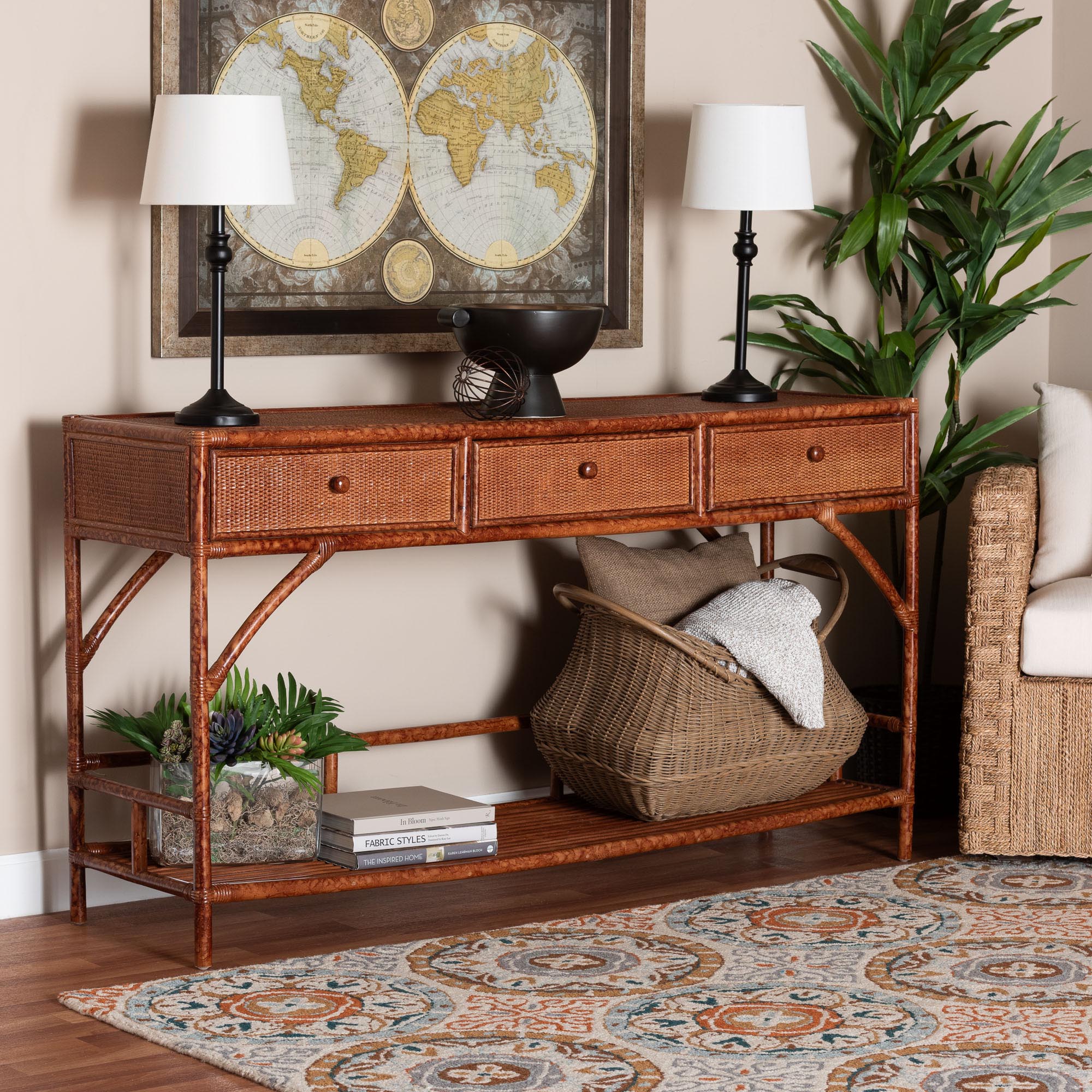 bali & pari Brier Marbled Tortoise Natural Rattan Console Table - Handcrafted Accent Table with 3-Drawers and Lower Shelf, Coastal Boho Style for Entryway, Hallway, or Living Room