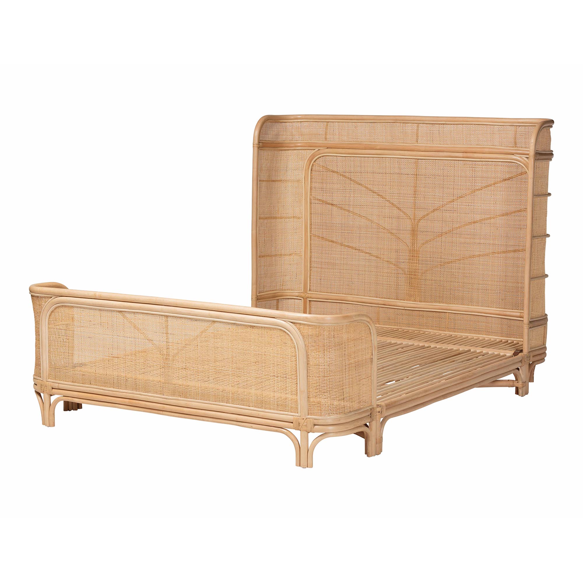 bali & pari Fiore Natural Rattan Bed Frame - Handwoven Wicker Headboard and Footboard with Curved Corners, Boho Coastal Natural Bedroom Furniture, Queen