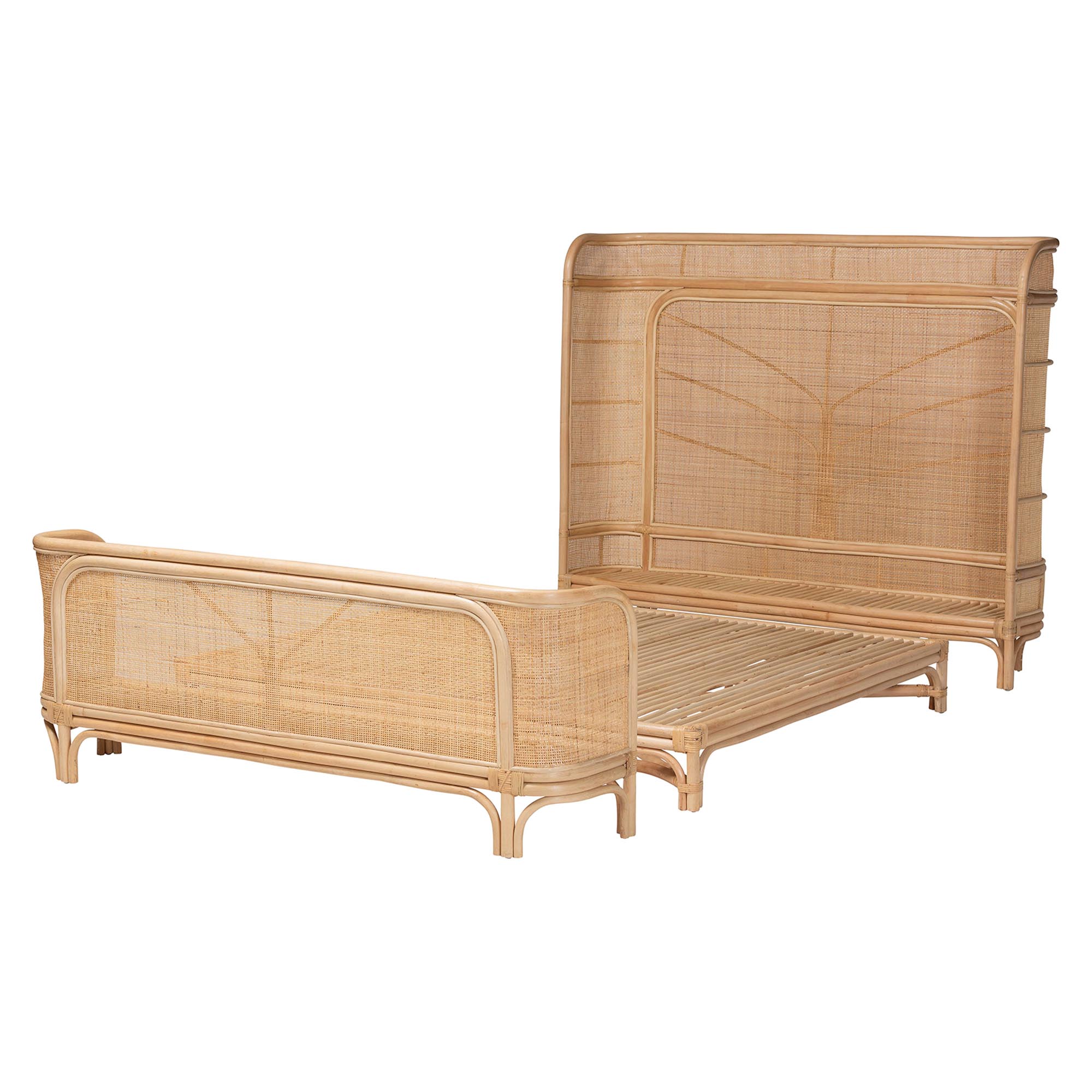 bali & pari Fiore Natural Rattan Bed Frame - Handwoven Wicker Headboard and Footboard with Curved Corners, Boho Coastal Natural Bedroom Furniture, Queen