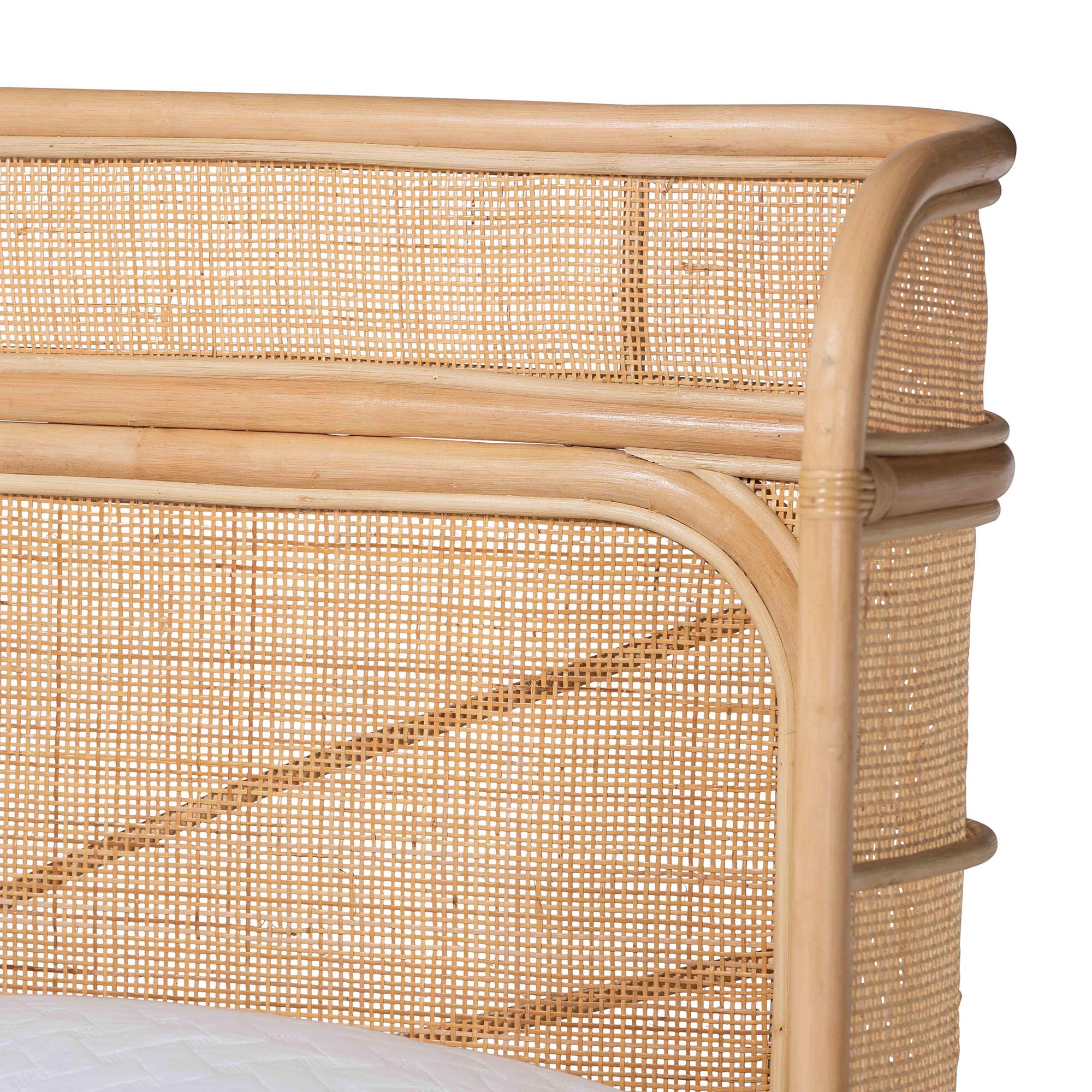 bali & pari Fiore Natural Rattan Bed Frame - Handwoven Wicker Headboard and Footboard with Curved Corners, Boho Coastal Natural Bedroom Furniture, Queen