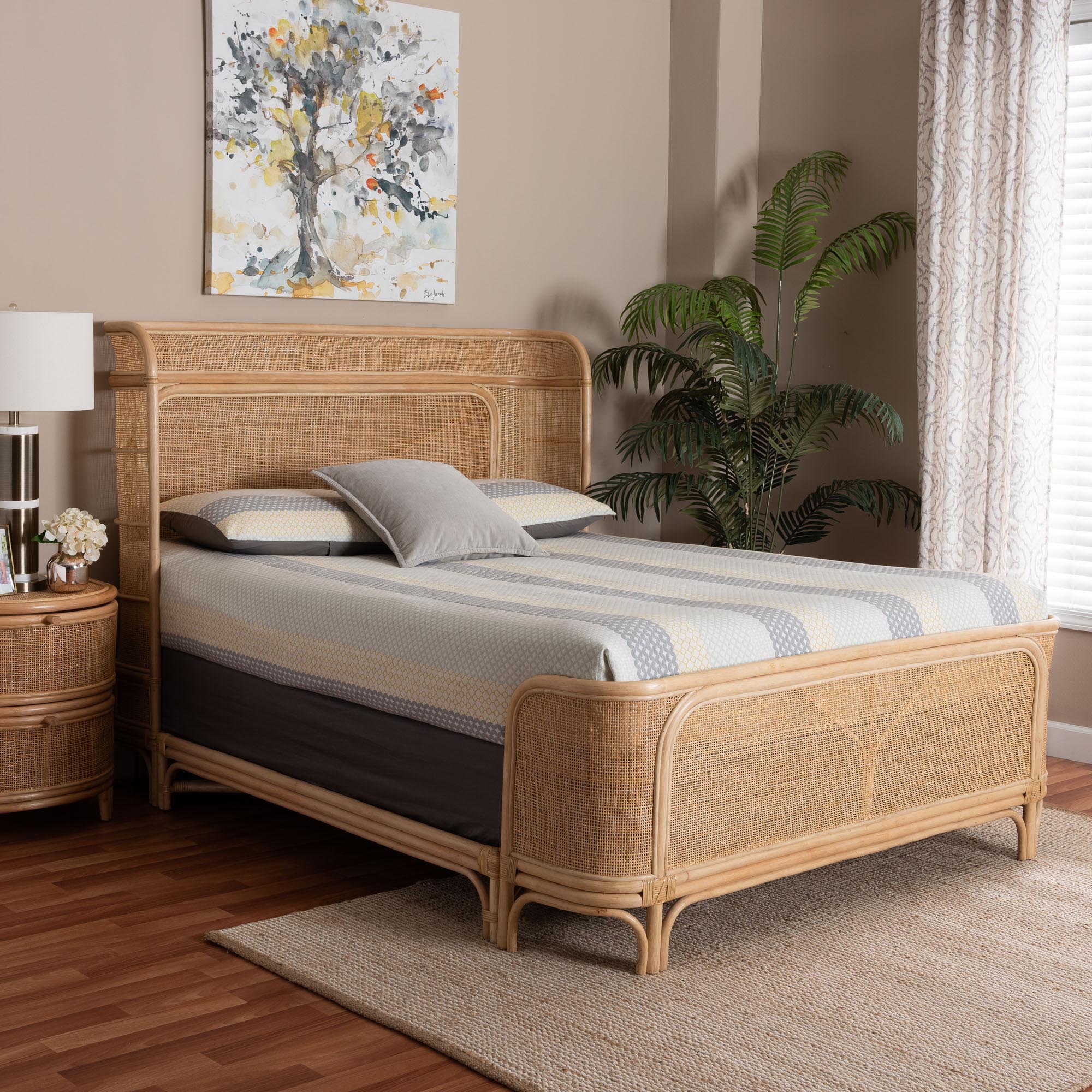 bali & pari Fiore Natural Rattan Bed Frame - Handwoven Wicker Headboard and Footboard with Curved Corners, Boho Coastal Natural Bedroom Furniture, Queen