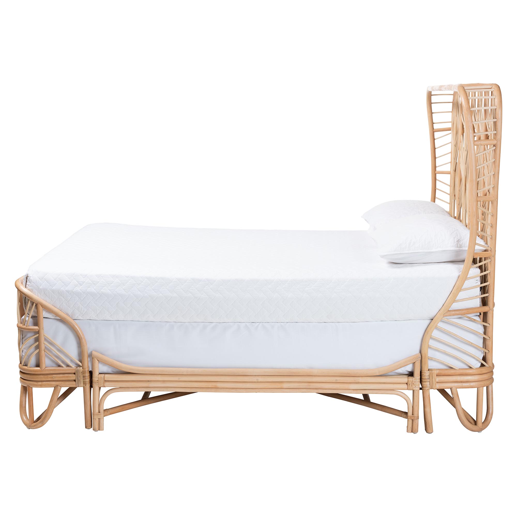 bali & pari Hadley Natural Rattan Bed Frame with Openwork Geometry Headboard and Footboard, Tropical Coastal Boho Bedroom Furniture, Queen