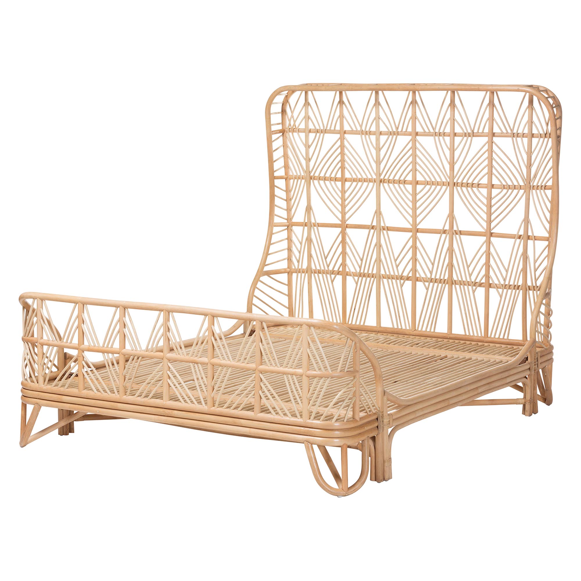bali & pari Hadley Natural Rattan Bed Frame with Openwork Geometry Headboard and Footboard, Tropical Coastal Boho Bedroom Furniture, Queen
