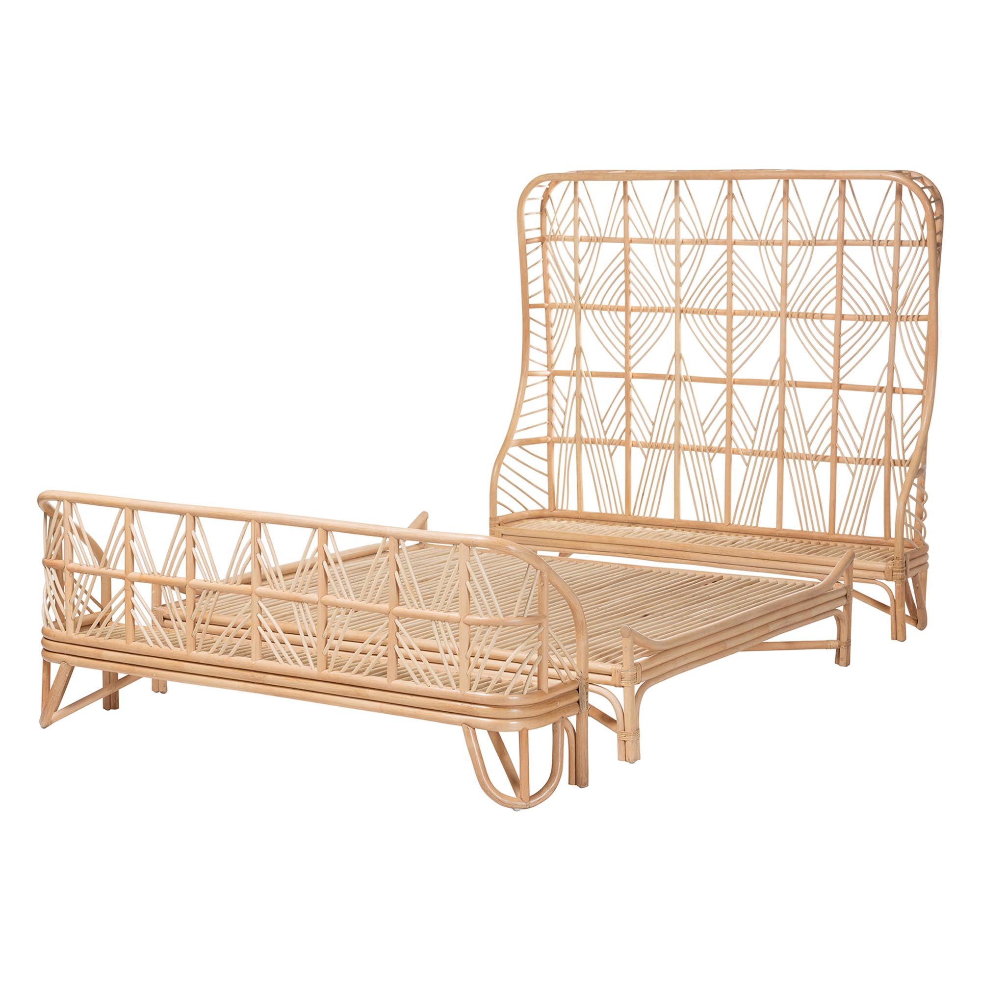 bali & pari Hadley Natural Rattan Bed Frame with Openwork Geometry Headboard and Footboard, Tropical Coastal Boho Bedroom Furniture, Queen