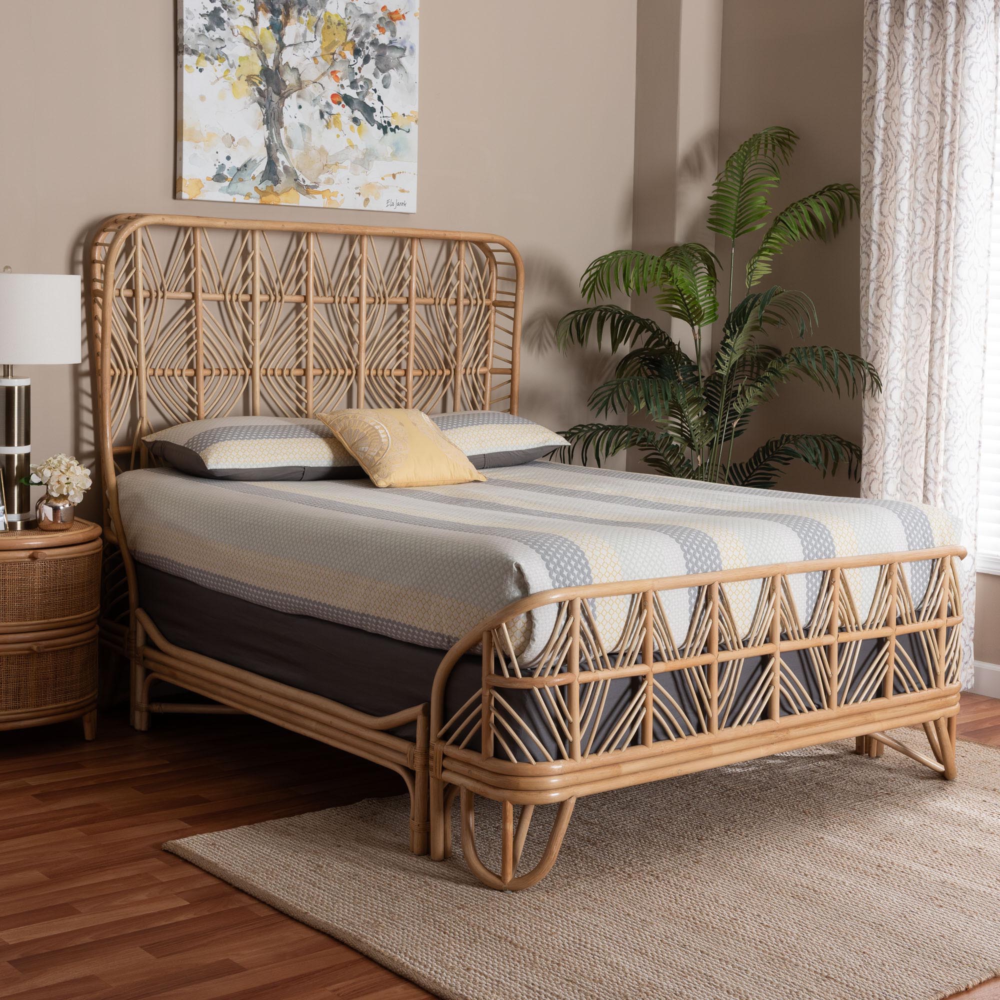 bali & pari Hadley Natural Rattan Bed Frame with Openwork Geometry Headboard and Footboard, Tropical Coastal Boho Bedroom Furniture, Queen