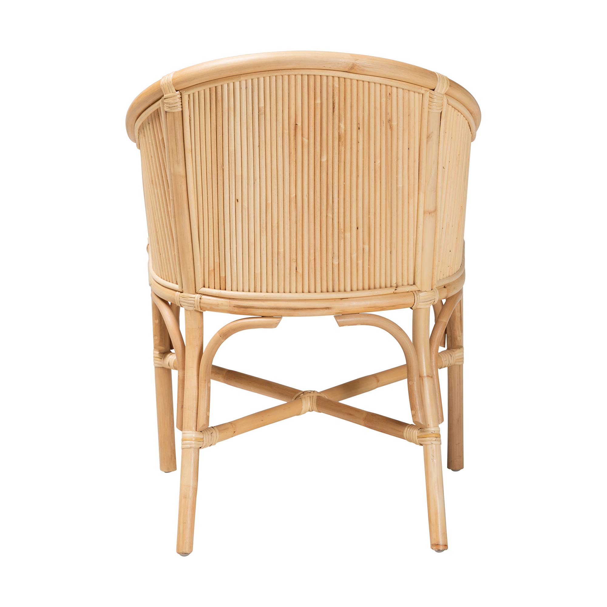 bali & pari Hollis Natural Rattan Barrel Chair with Cushion - Handcrafted Accent Armchair with Laminated Rattan Pole Back, Coastal Boho Seating for Living Room or Bedroom
