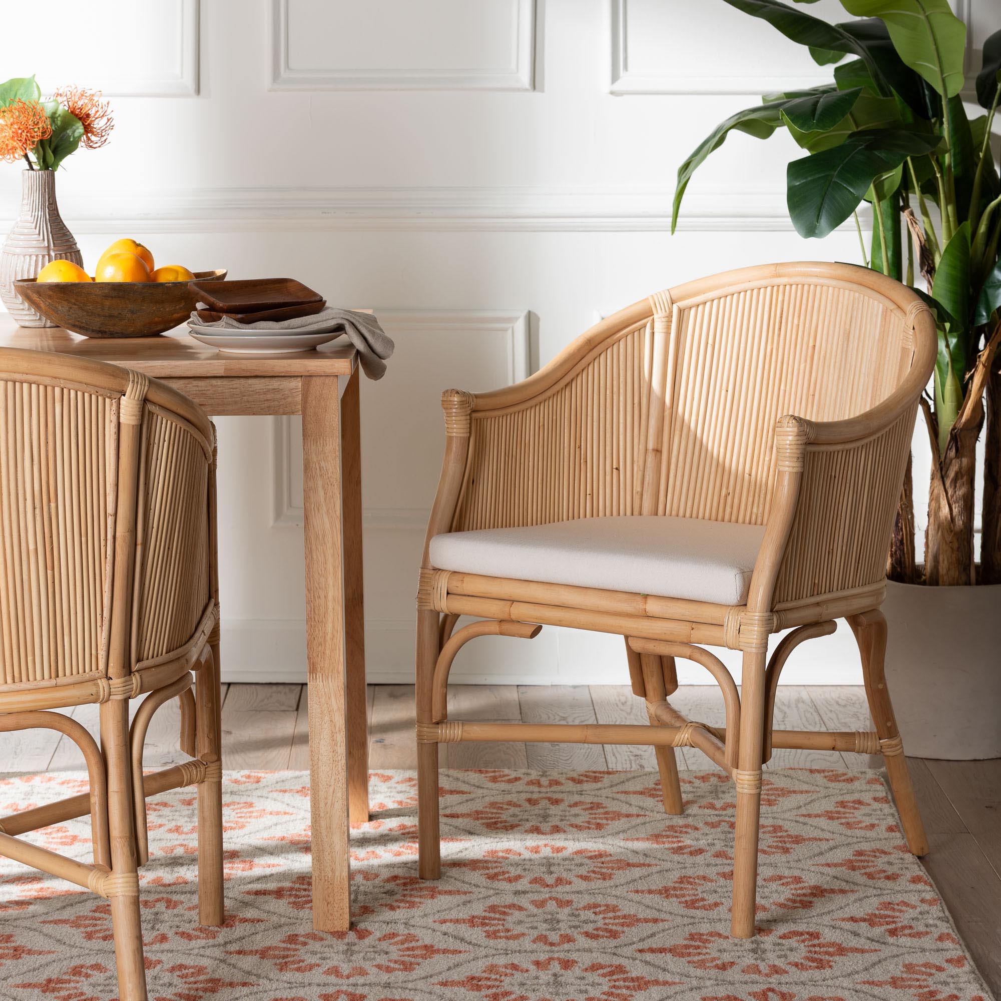 bali & pari Hollis Natural Rattan Barrel Chair with Cushion - Handcrafted Accent Armchair with Laminated Rattan Pole Back, Coastal Boho Seating for Living Room or Bedroom