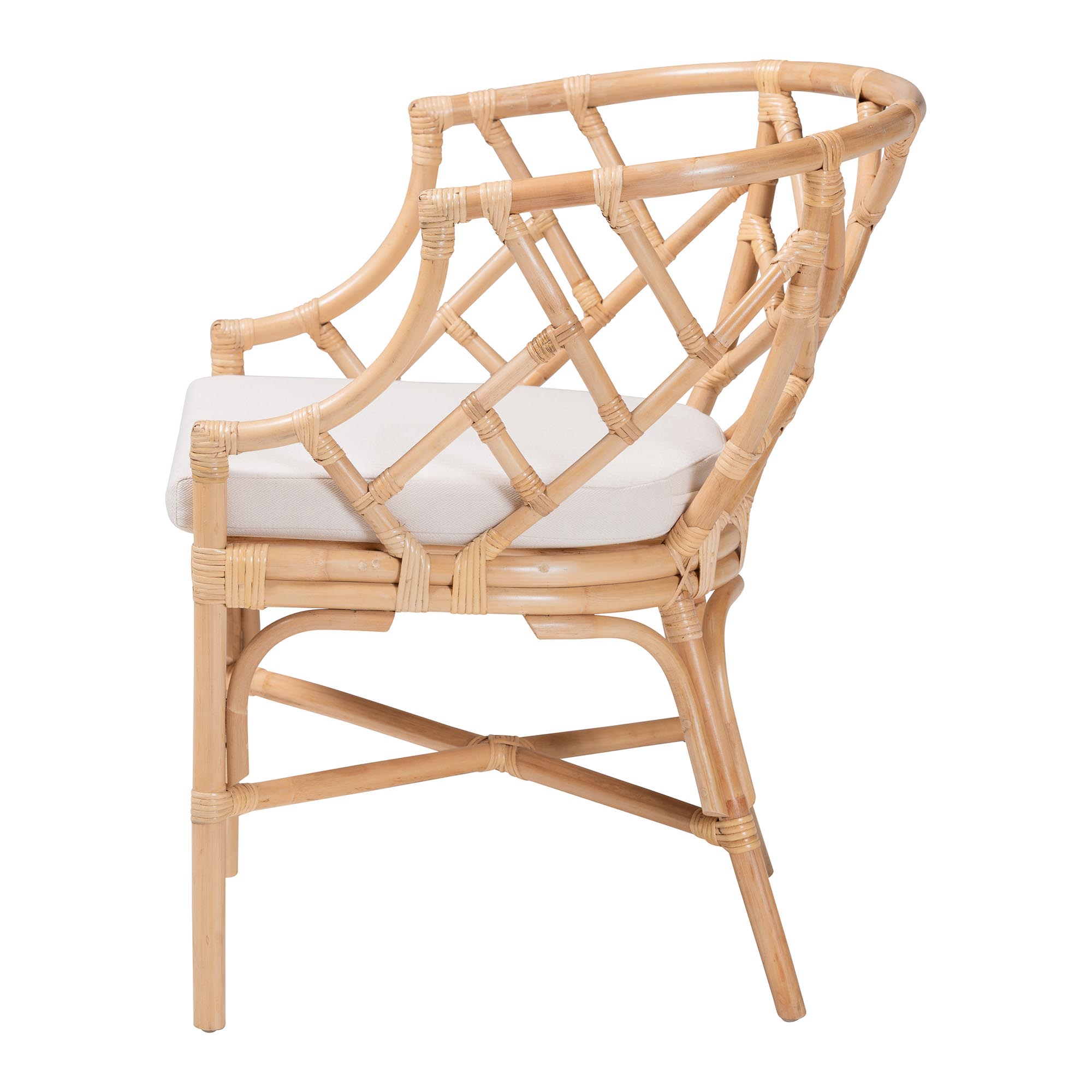 bali & pari Padma Natural Rattan Dining Chair - Handwoven Barrel Accent Chair with Bamboo-Style Frame and Lattice Detail for Boho, Coastal, or Tropical Dining or Lounge Area